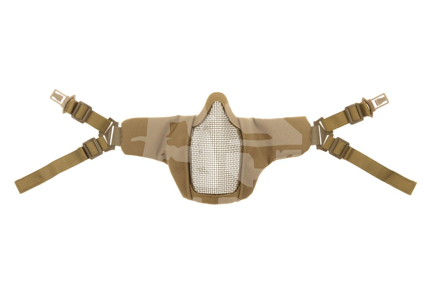 Camo-Gesichtsmaske mit Gitterschutz und verstellbaren Gurten, ideal für den Airsoft-Einsatz.