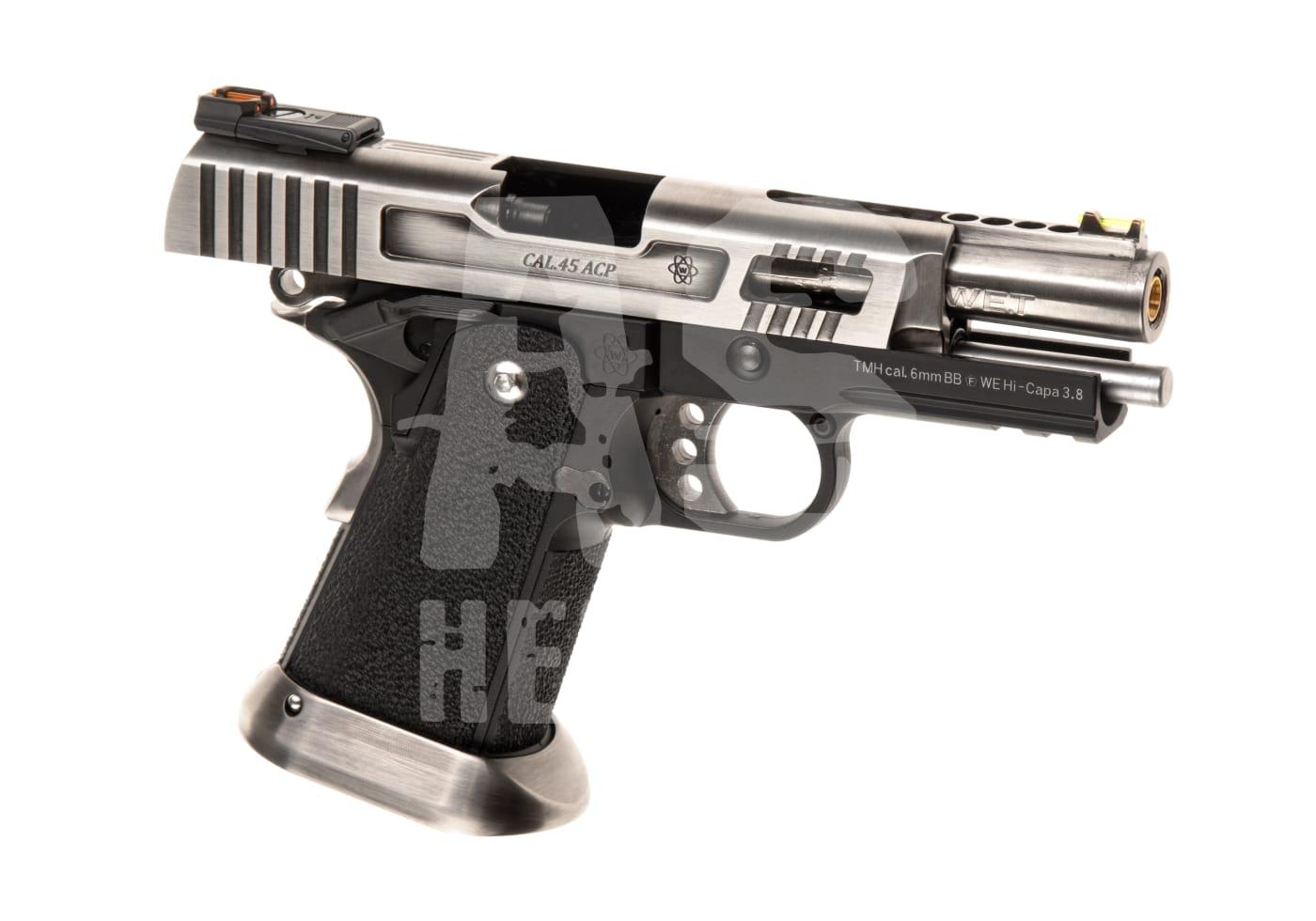Silberne Airsoft-Pistole, Kaliber 6mm BB, modernes Design mit geriffeltem Schlitten und ergonomischem Griff.