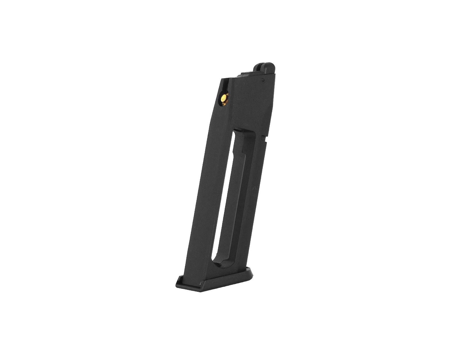 ASG CZ P-09 Magazin CO² 25 Rds Schwarzes Airsoft-Magazin für Pistolen, stehend auf weißem Hintergrund.