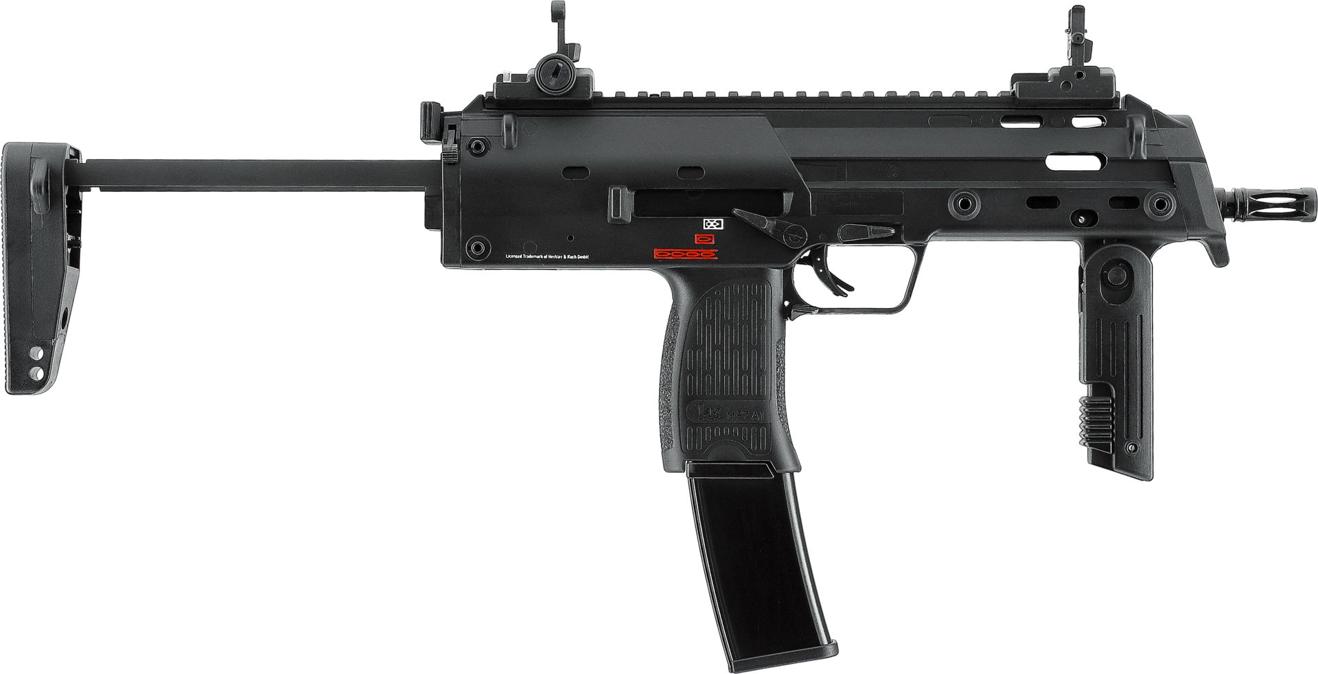 Schwarzer Airsoft-Maschinenpistolen-Nachbau mit Klappschaft und taktischer Schiene.