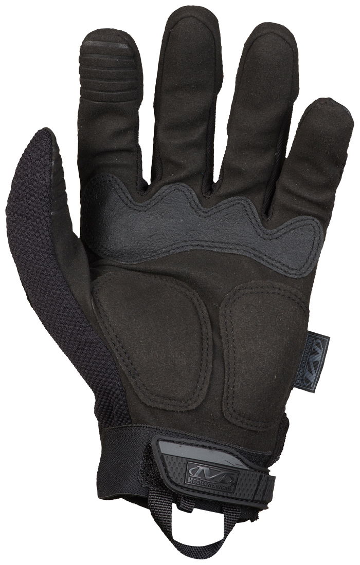 Schwarzer Airsoft-Handschuh mit gepolstertem Handrücken und verstellbarem Klettverschluss.