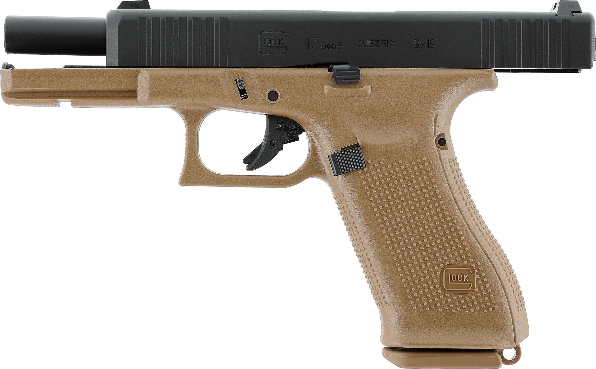 VFC GLOCK 17 Gen5 French Edition black-coyote 6mm GBB - ab 18 Jahren Glock 17 Gen 5 GBB Airsoft-Pistole mit tanfarbenem Griff und schwarzem Schlitten, seitliche Ansicht.