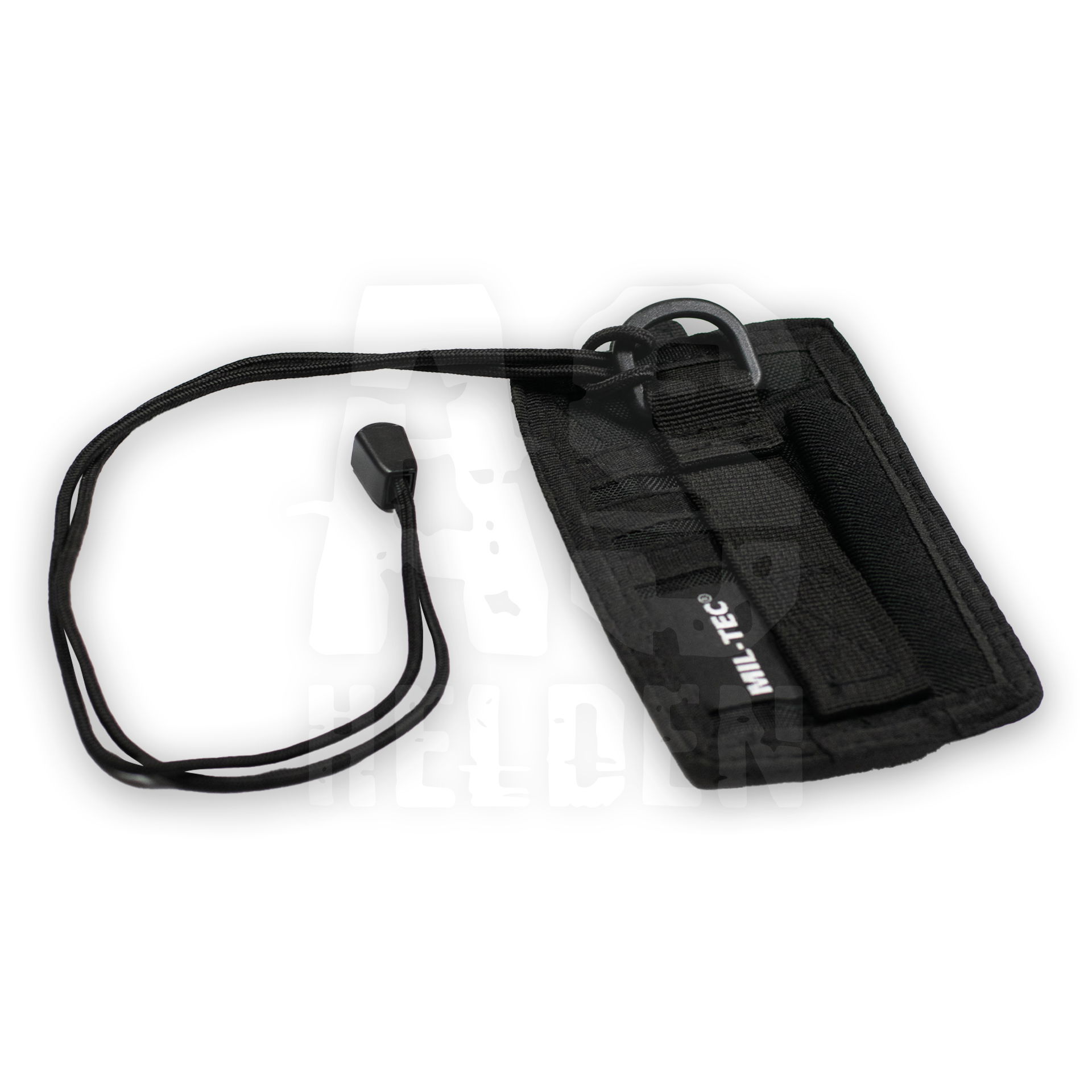 Schwarzer Mil-Tec Ausweishalter mit Umhängeband und MOLLE-Befestigung für Airsoft.