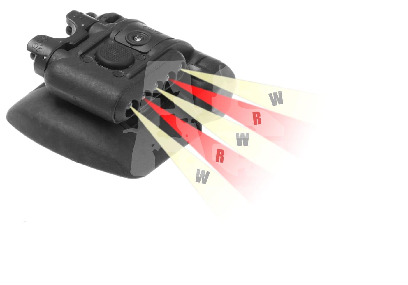 Schwarzer Airsoft-Laser/Leuchtmodul mit rotem und weißem Lichtstrahl, Projektion "R" und "W", auf weißem Hintergrund.