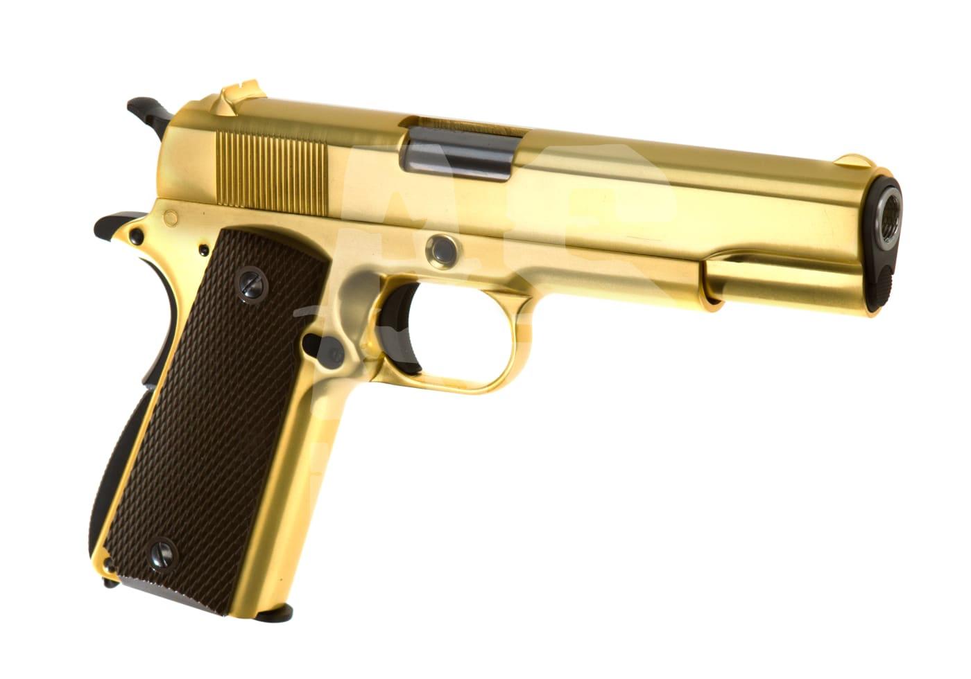 WE M1911 Full Metal GBB - ab 18 Jahren Goldene Airsoft-Pistole mit schwarzem Griff, rechte Seitenansicht.