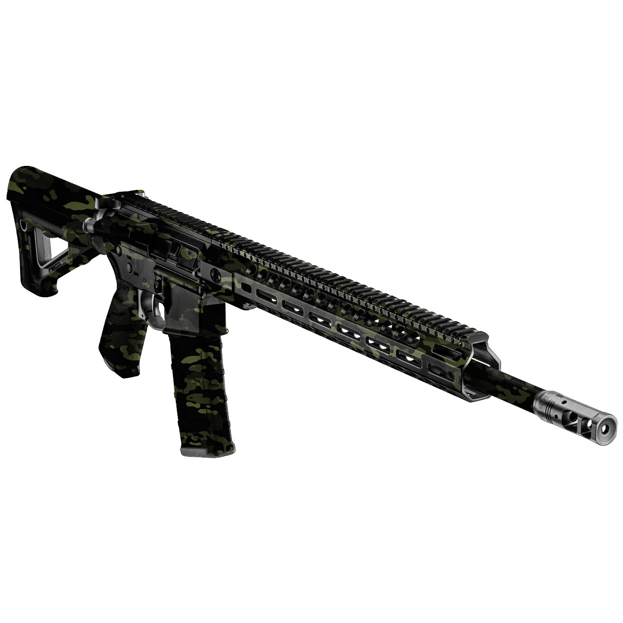 Airsoft-Gewehr mit schwarzem und grünem Camo-Design, M-LOK-Schiene und taktischem Griff.
