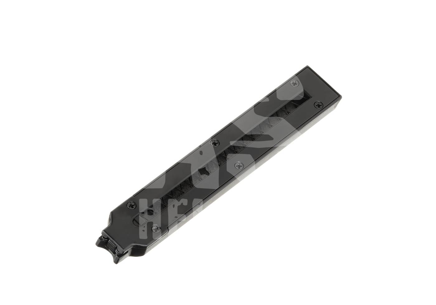 Schwarzes Airsoft-Magazin mit Schrauben und transparenter Abdeckung, diagonal fotografiert.