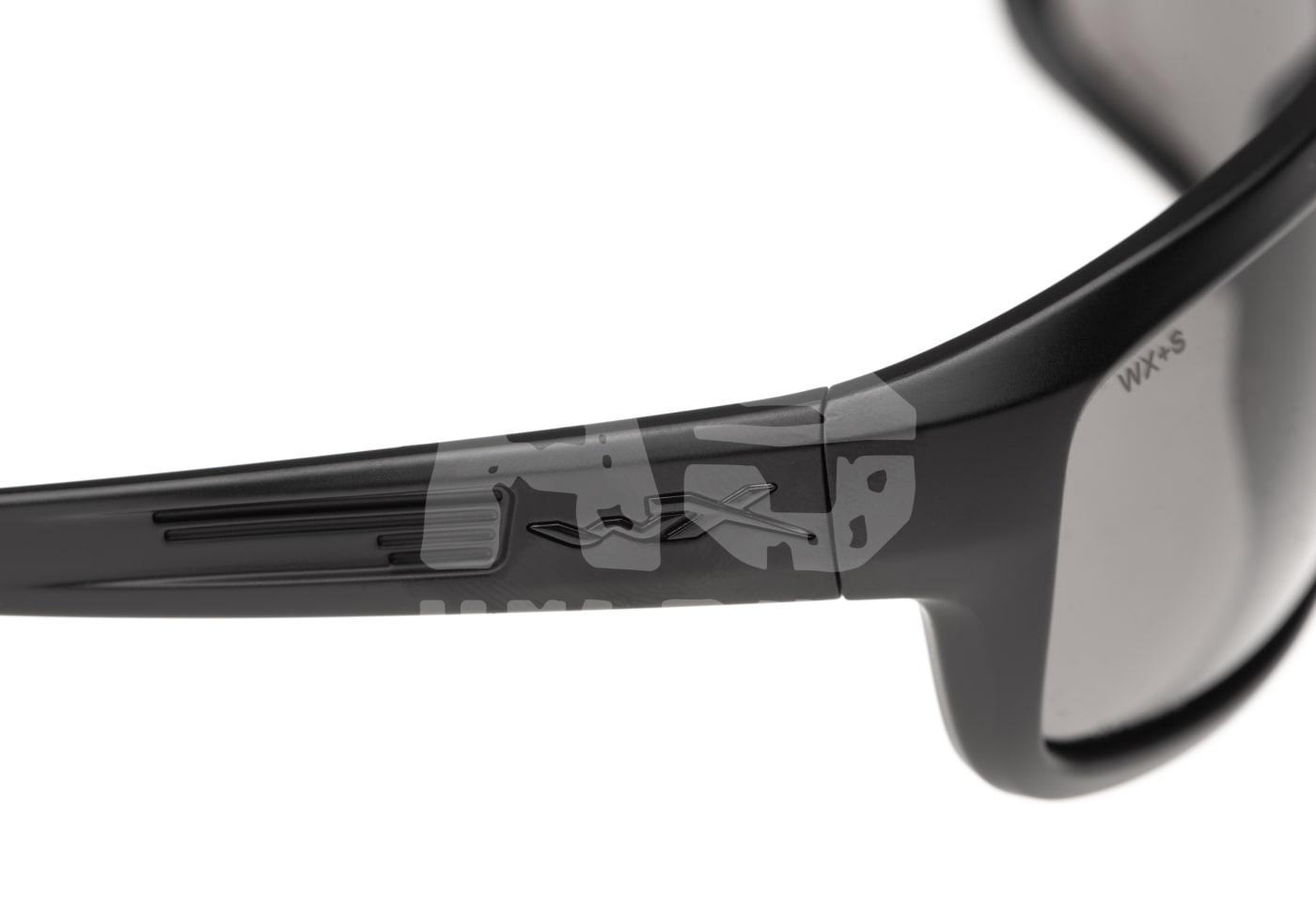 Schwarzes Sonnenbrillengestell mit eingeprägtem WX-Logo und Schriftzug "WX+S". Ideal für Airsoft-Aktivitäten.