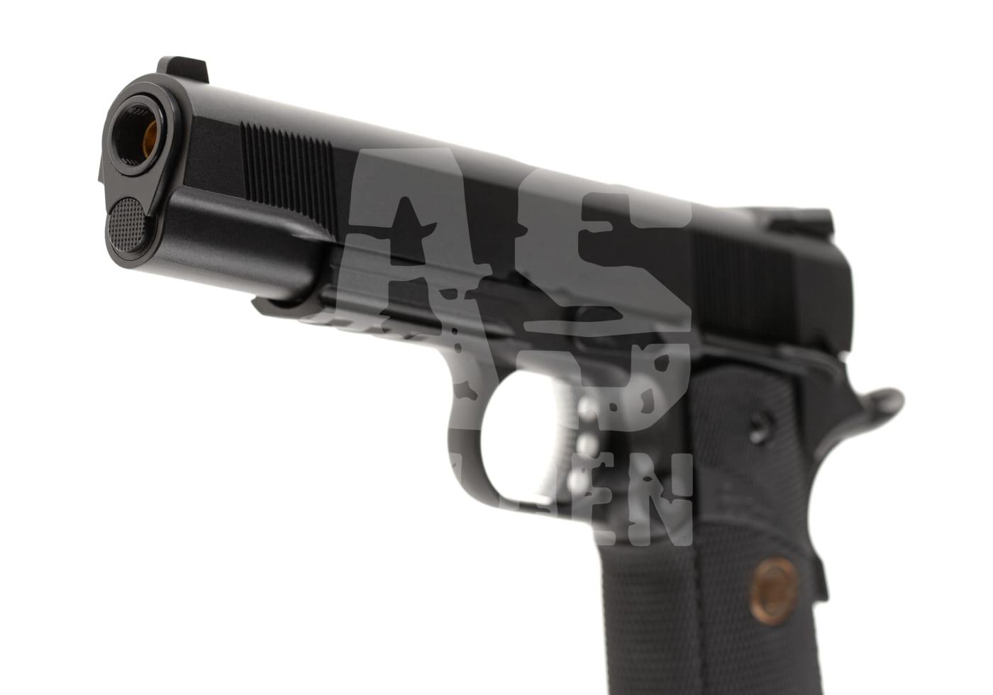 Schwarze Airsoft-Pistole in Nahaufnahme, seitliche Perspektive, Fokus auf Lauf und Griff.