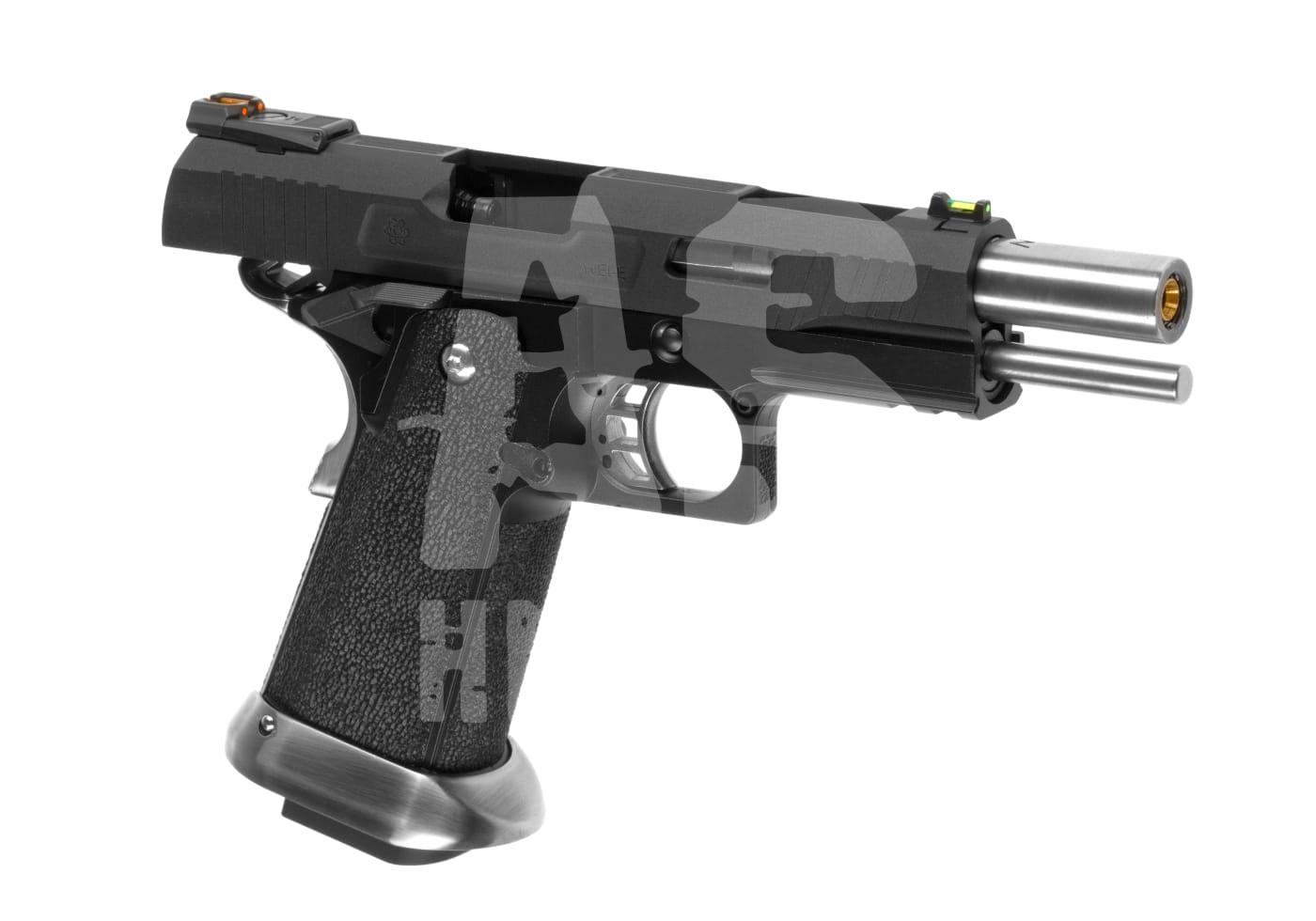 Schwarze Airsoft-Pistole mit grünem und rotem Visier, strukturiertem Griff und silbernem Lauf.