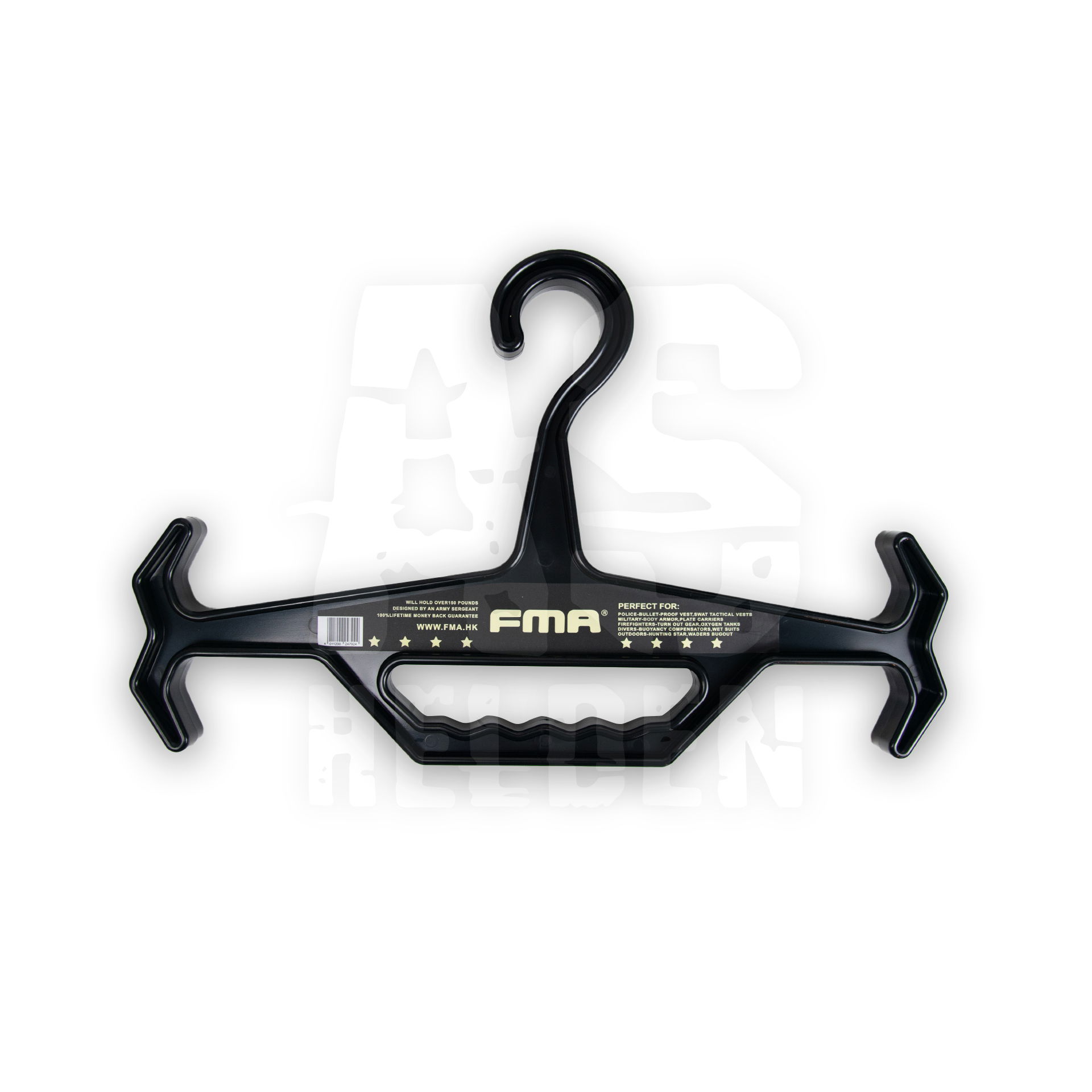 Schwarzer FMA Multifunktions-Kleiderbügel für Airsoft-Ausrüstung. Ideal zum Aufhängen von Westen und Helmen.
