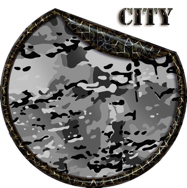 Graues Tarnmuster mit schwarz-weißen Kontrasten, "City"-Schriftzug oben rechts.