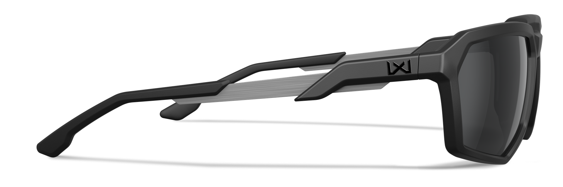 Schwarze Sport-Sonnenbrille mit grauen Bügeln und dunklen Gläsern.