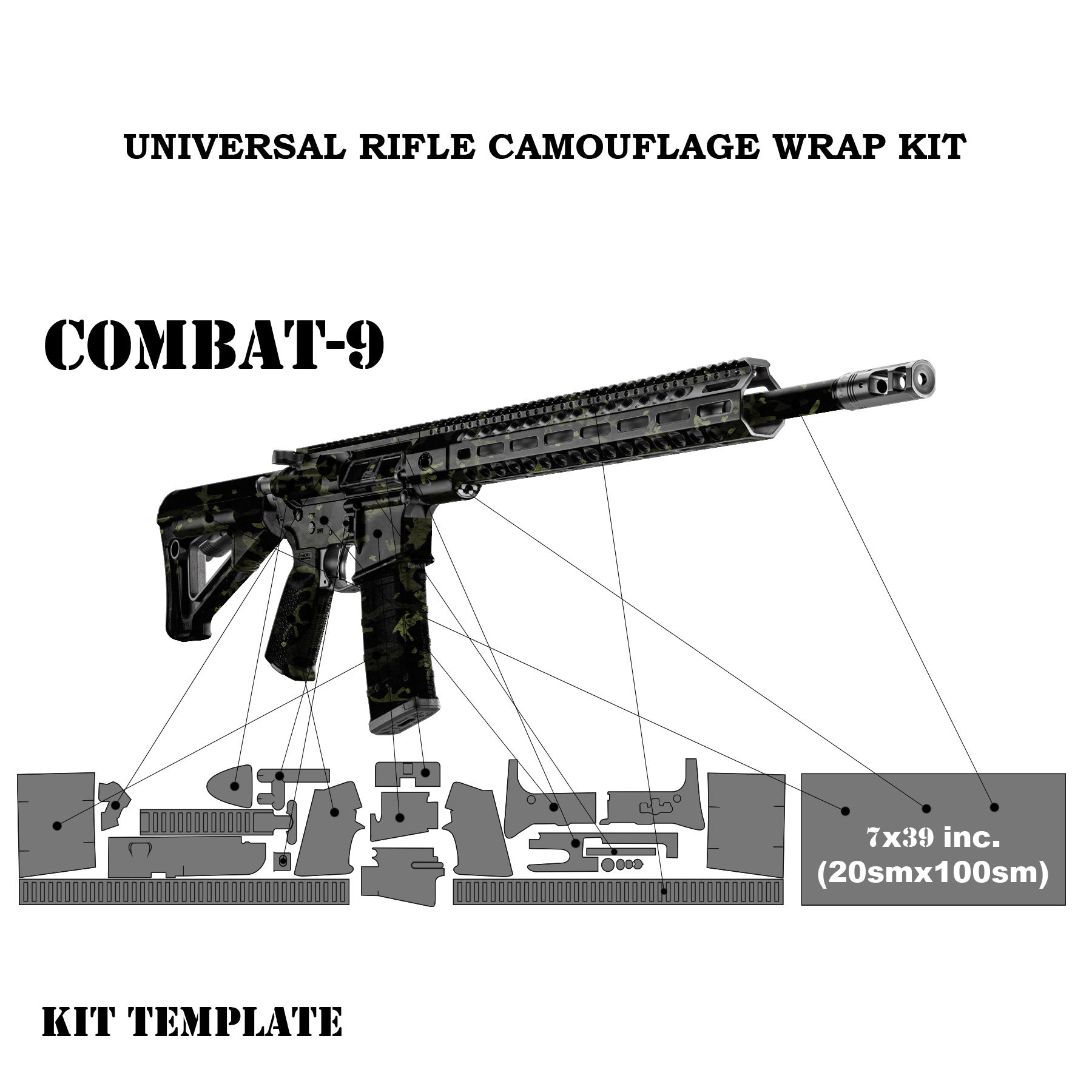 Gewehr-Camouflage-Kit-Vorlage "Combat-9" mit Teilen und Maßen dargestellt.