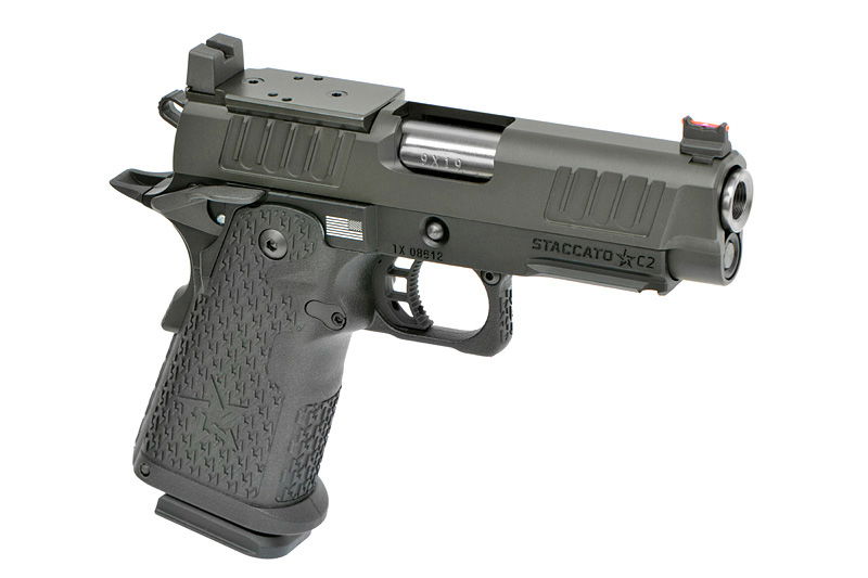 Airsoft-Pistole, Modell Staccato C2, mit dunklem Finish, strukturiertem Griff und leuchtenden Visiermarkierungen.
