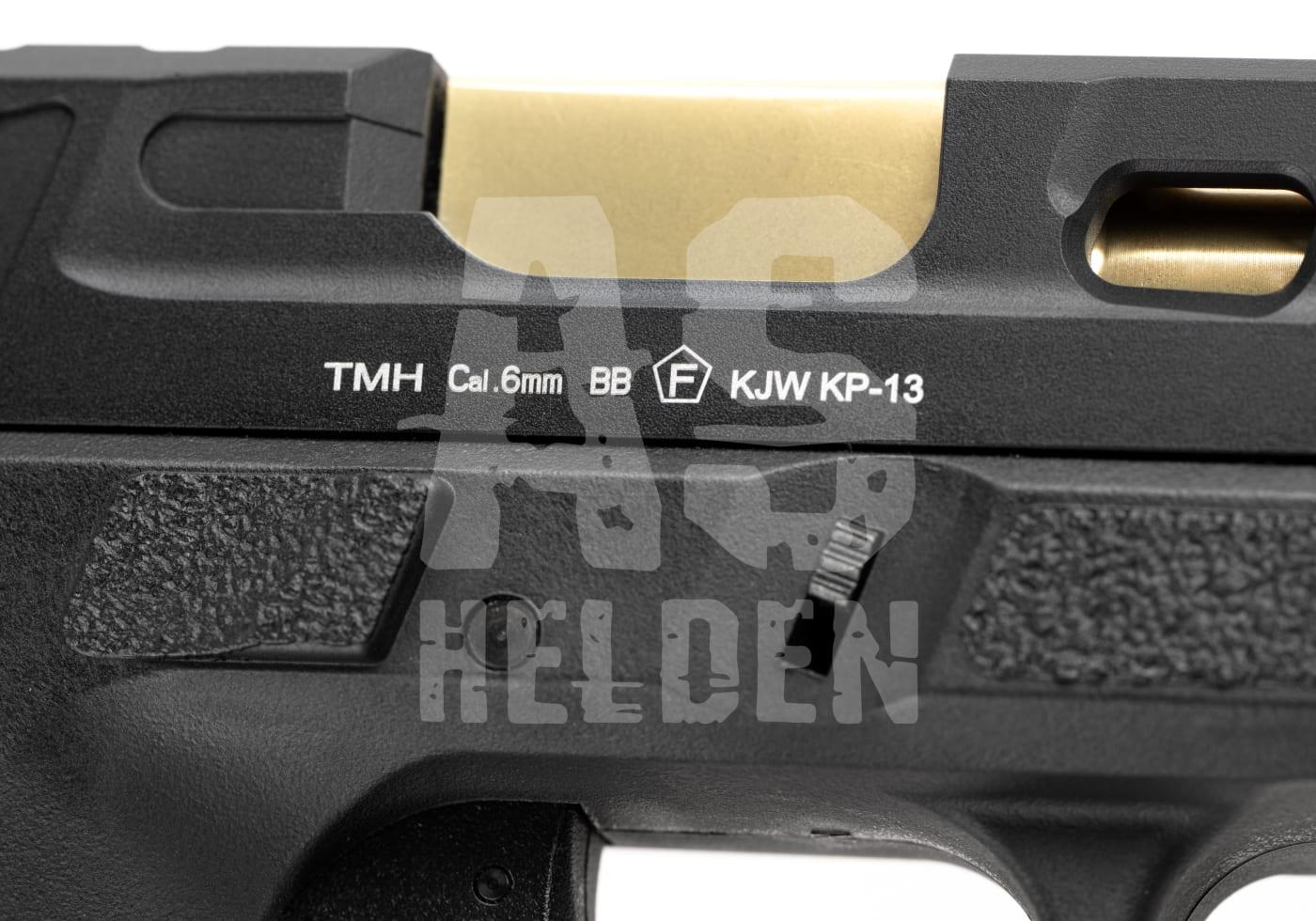 KJ Works KP-13 Custom Metal Version GBB - ab 18 Jahren Detailaufnahme einer Airsoft-Pistole KJW KP-13, Kaliber 6mm BB, mit strukturiertem Griff und goldfarbenem Lauf.