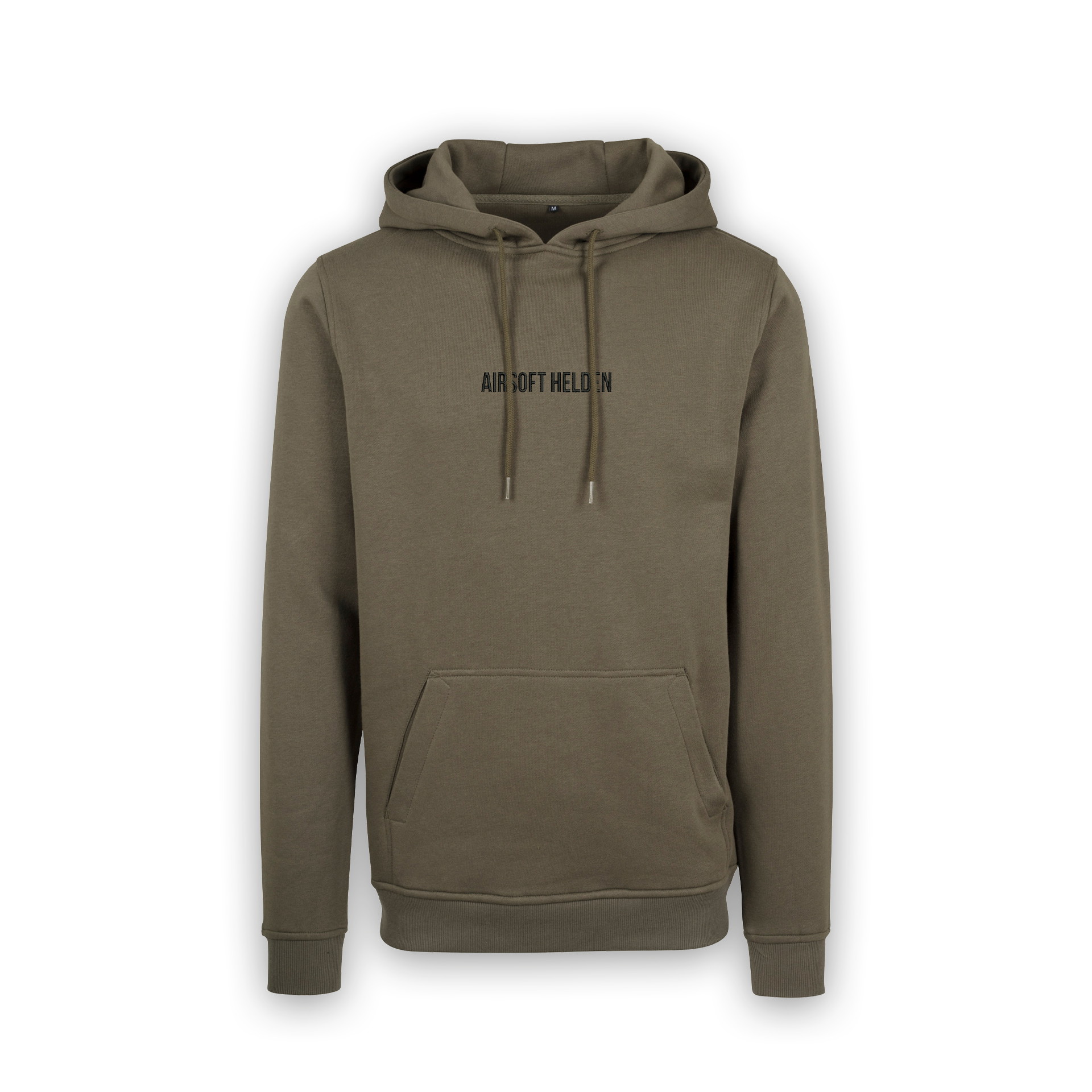 Olivgrüner Hoodie mit "Airsoft Helden" Aufdruck und Kängurutasche.