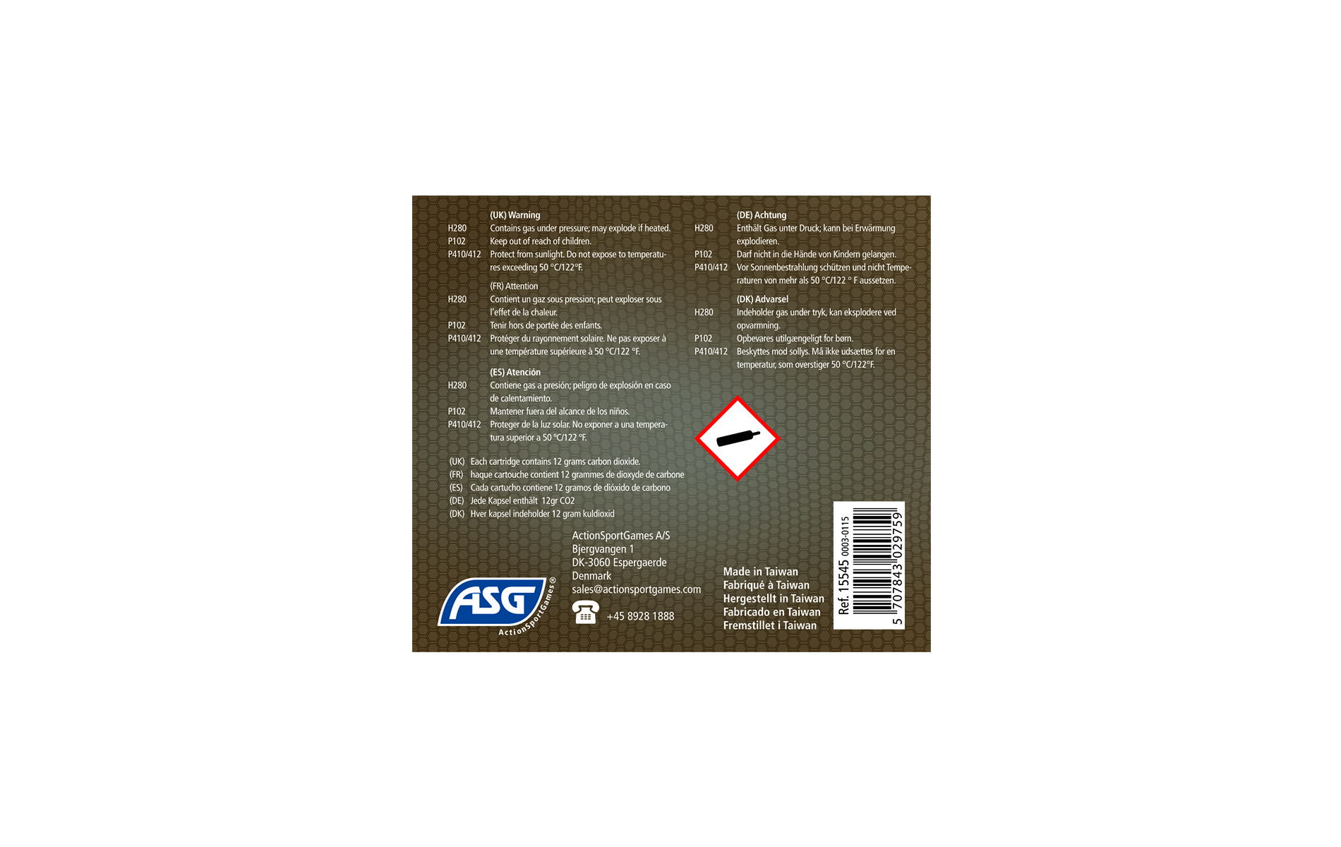 Warnhinweise für CO2-Kartuschen, Mehrsprachig, ASG-Logo, Barcode rechts unten.