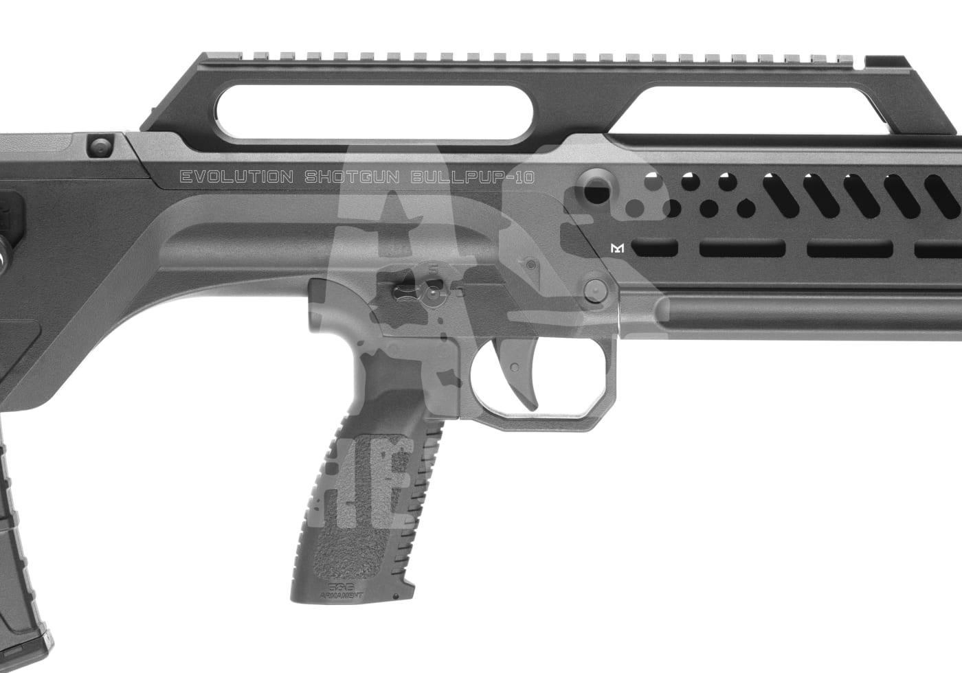 Airsoft Shotgun im Bullpup-Design mit Picatinny-Schiene und taktischem Griff in Seitenansicht.