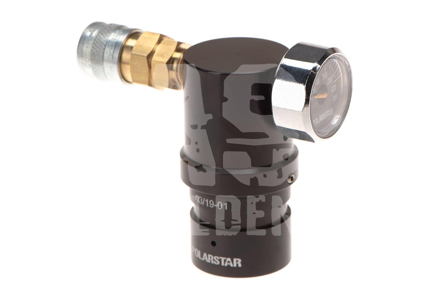 Polarstar-Airsoft-Druckregler mit Manometer, schwarz und bronzefarben.