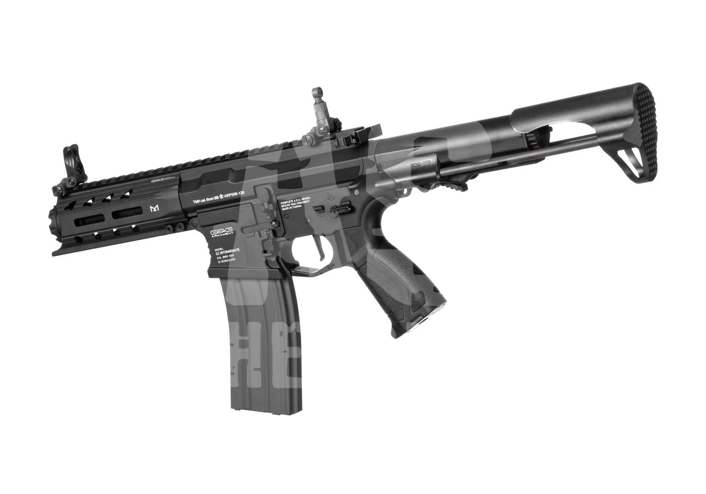 Airsoft-Gewehr mit taktischem Design, Mündungsbremsen und verstellbarem Schaft. Seitenansicht.