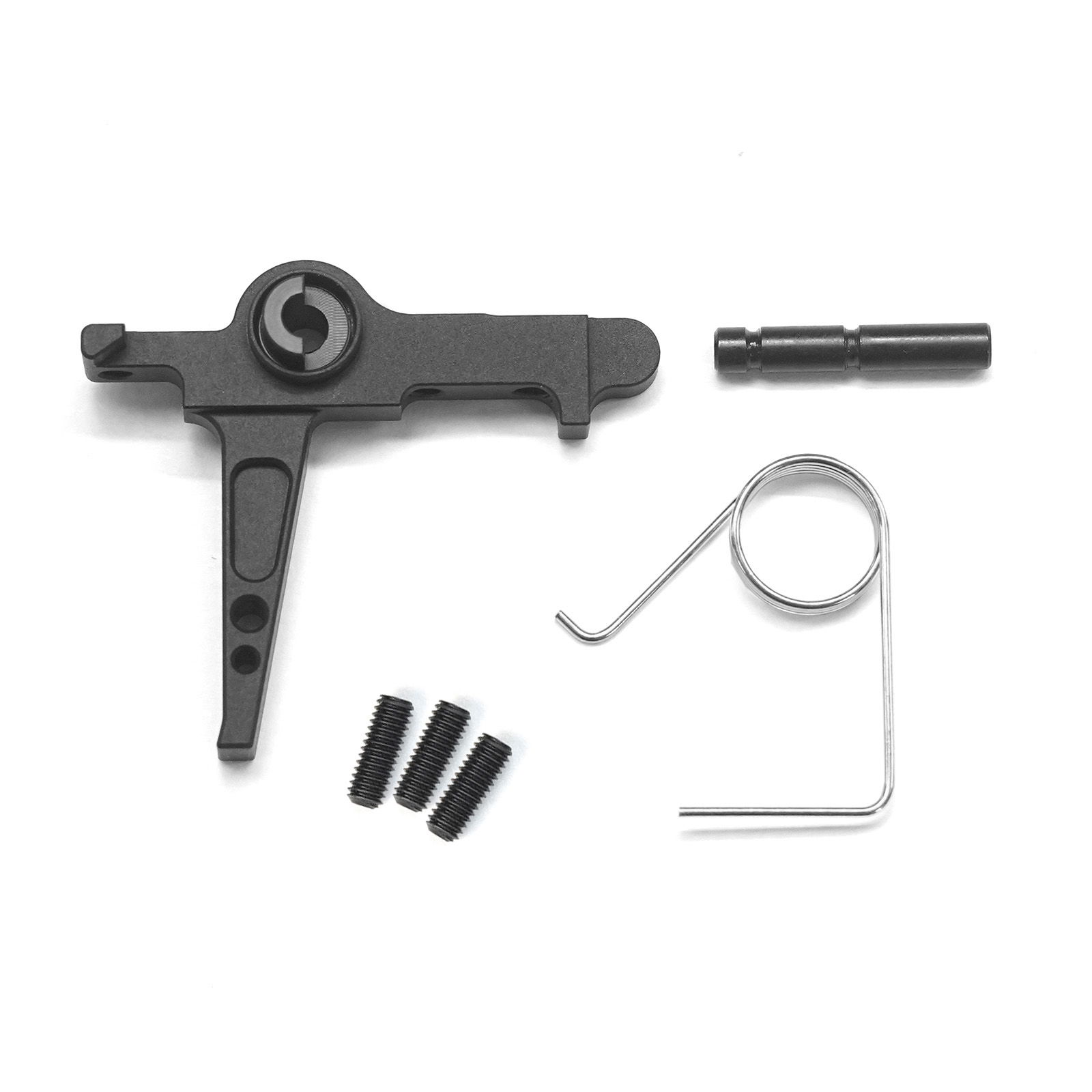 Airsoft Trigger Set mit Hebel, Feder, Schrauben und Stift in Schwarz, geeignet für individuelle Anpassungen.