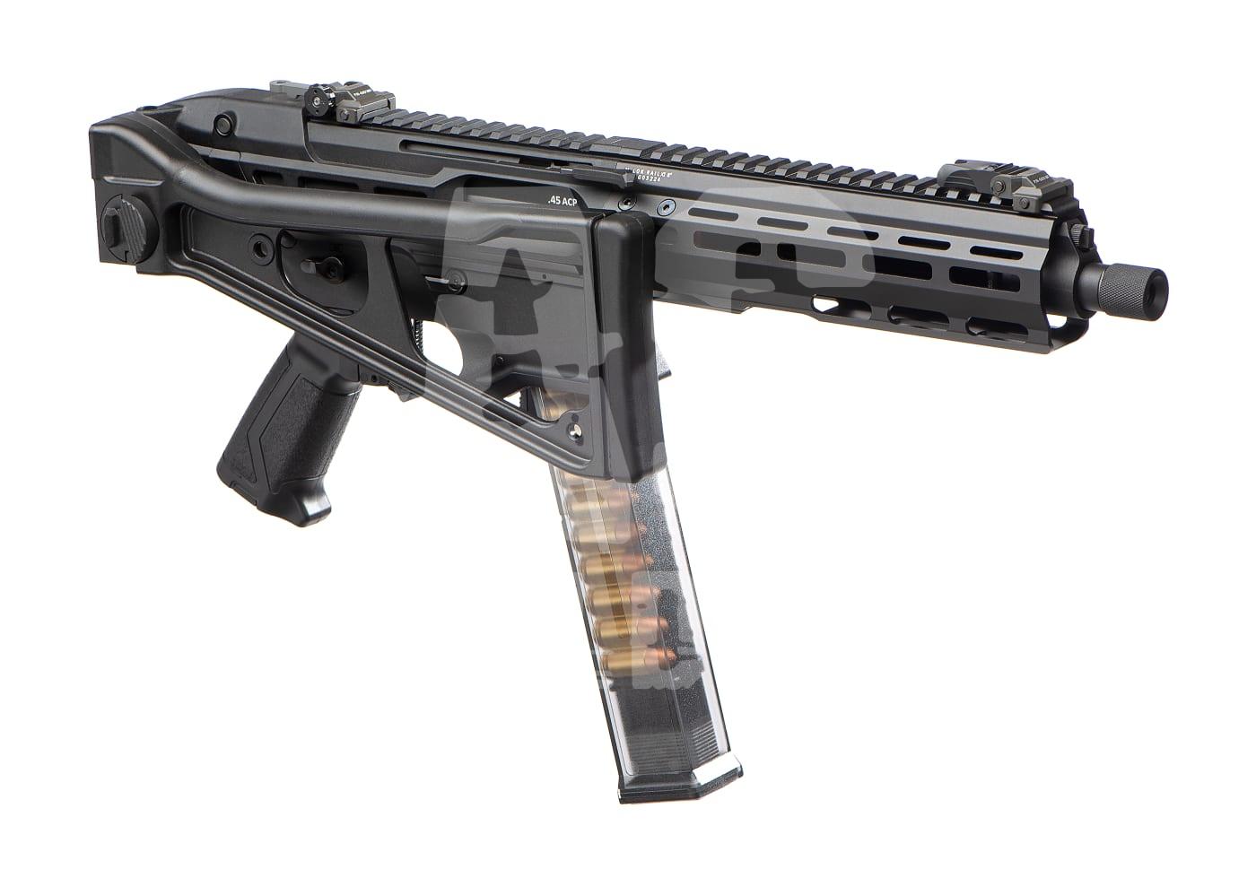 Airsoft Maschinenpistole mit klappbarem Schaft und transparentem Magazin, Kaliber .45 ACP Design.