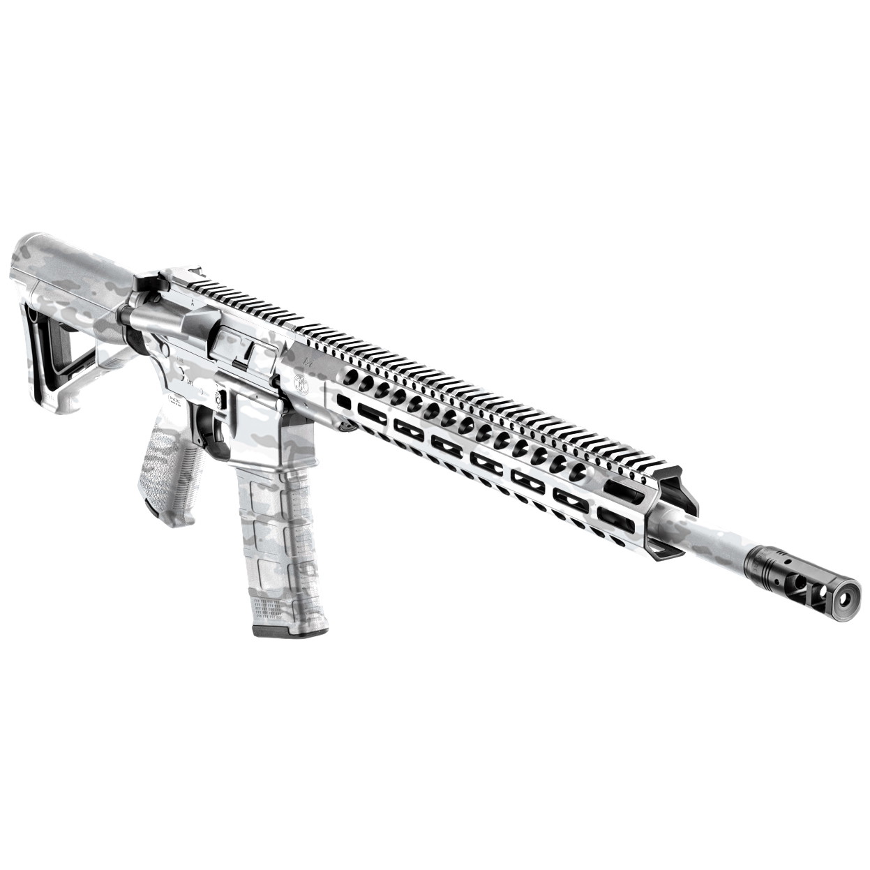 Airsoft-Gewehr in urbanem Tarnmuster mit langem, perforiertem Handguard und verstellbarem Schaft.