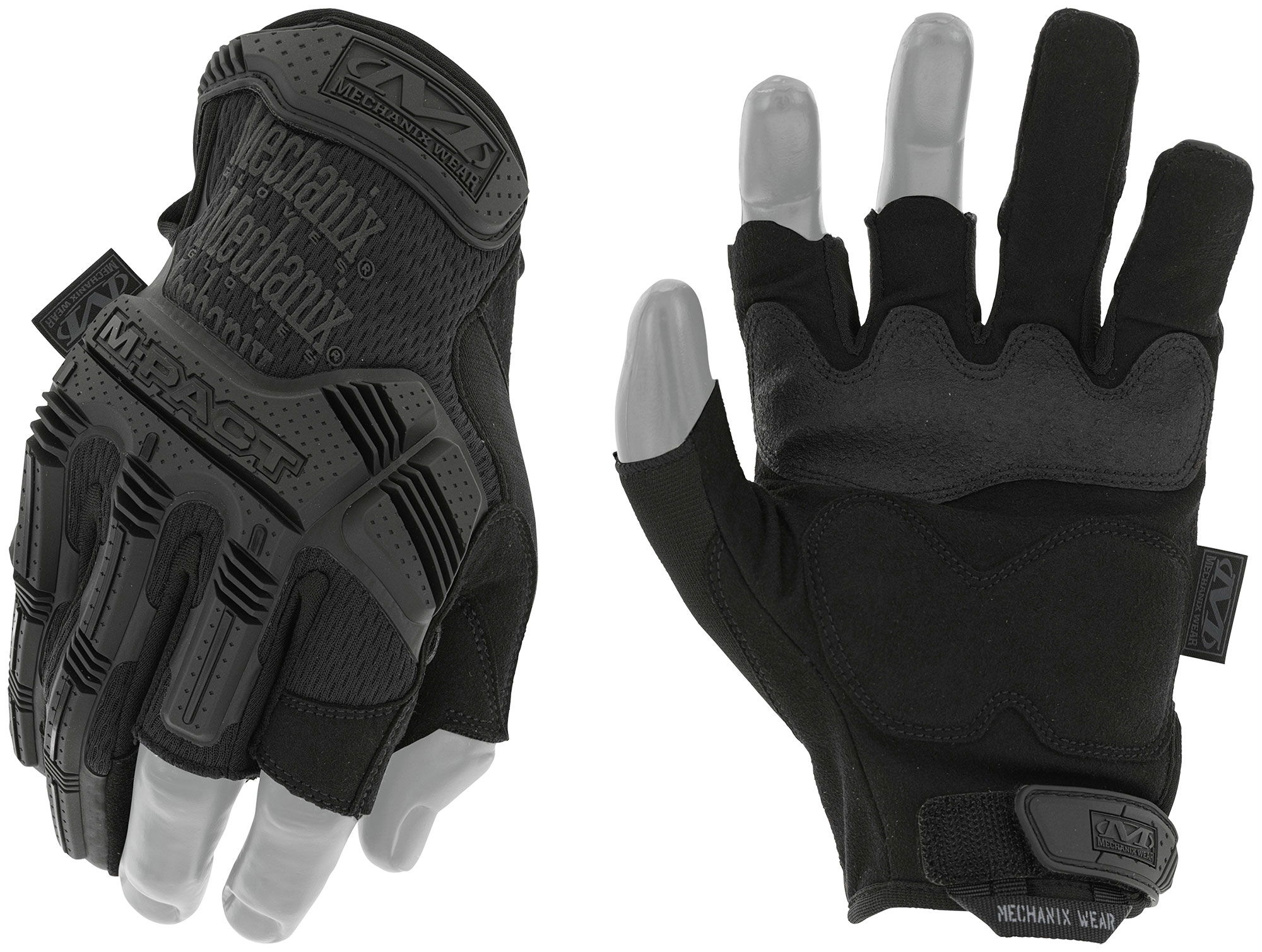 Schwarze Mechanix M-Pact Handschuhe, gepolstert und strapazierfähig, ideal für Airsoft-Spiele.