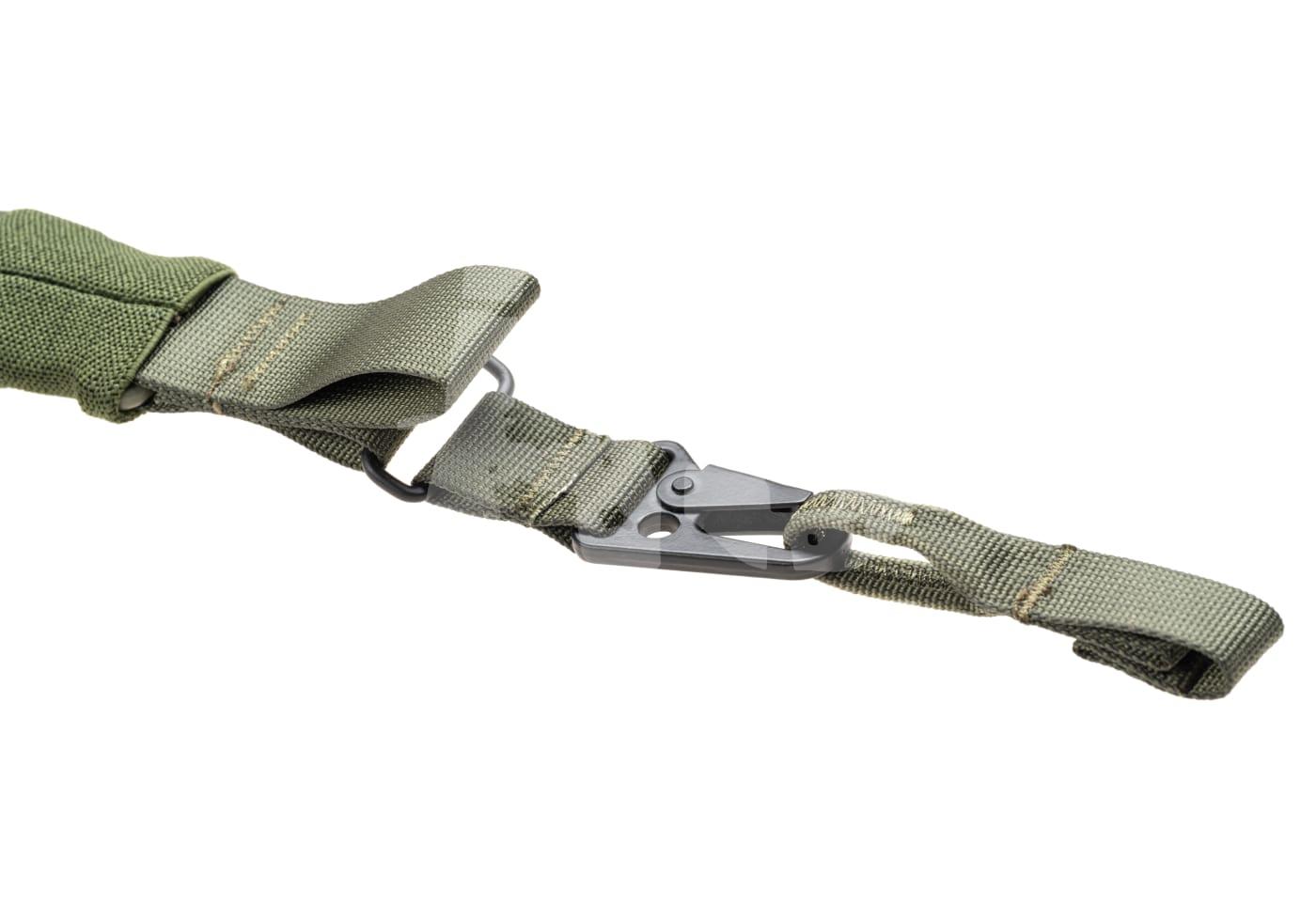 Grüner Riemen mit Metallclip zur Befestigung, ideal für Airsoft-Ausrüstung.