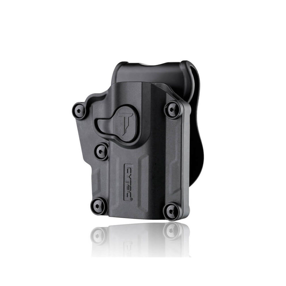 Schwarzes Holster mit Gürtelclip, robustes Design für Airsoft-Pistolen.