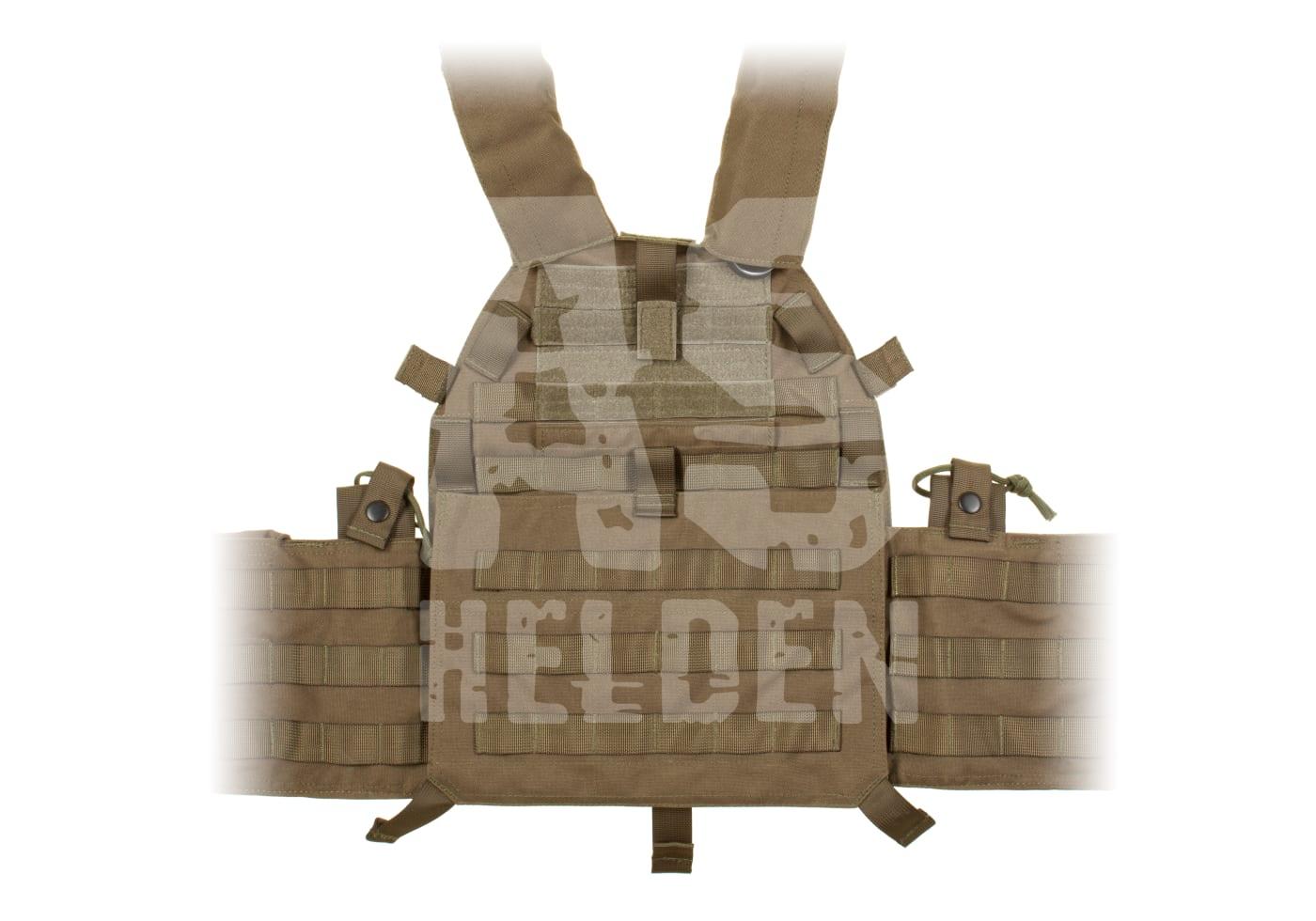 Taktische Plate Carrier Weste in Coyote Brown mit MOLLE-System für Airsoft-Ausrüstung.