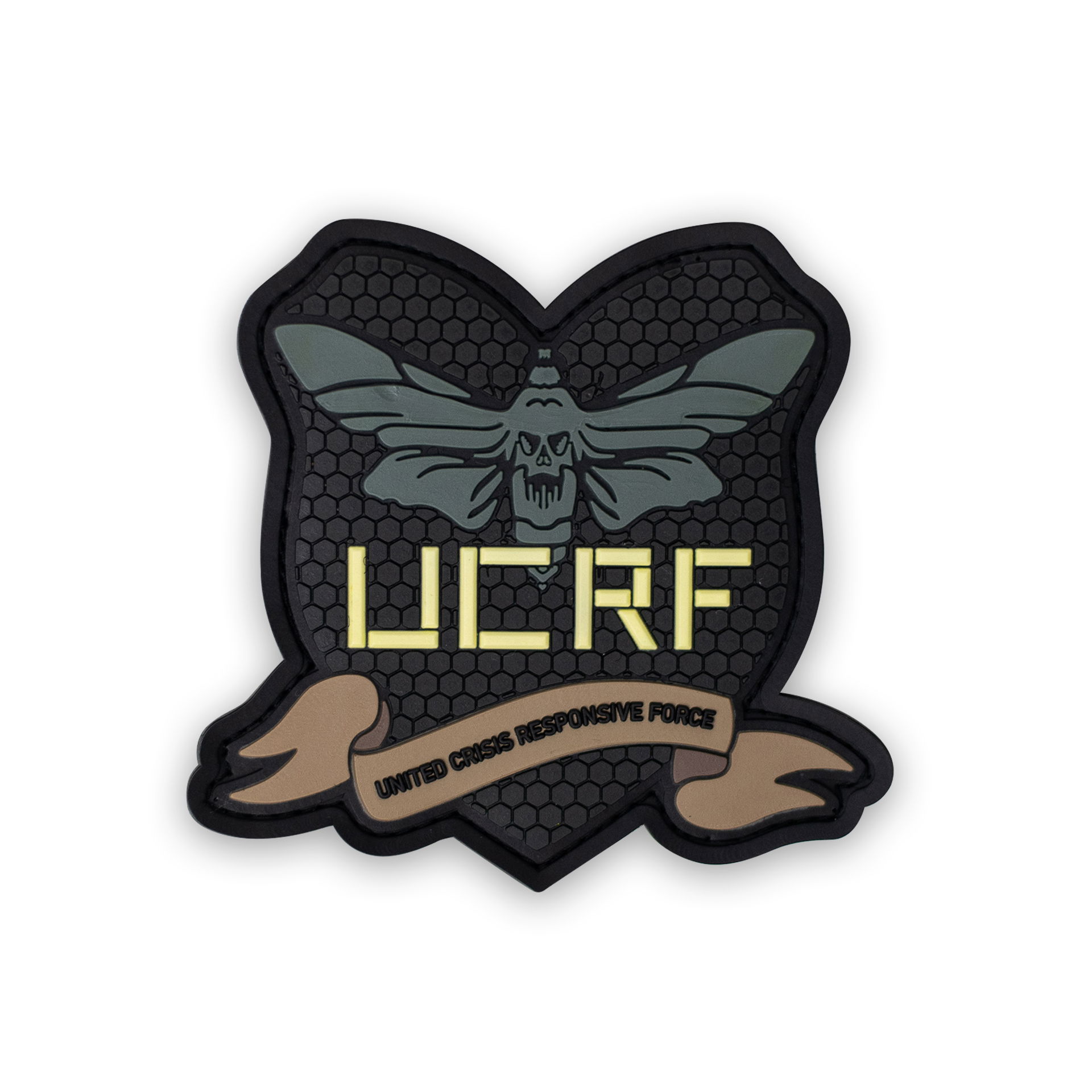 UCRF-Patch mit Totenkopfmotte und Text "United Crisis Responsive Force" auf schwarzem Hintergrund.