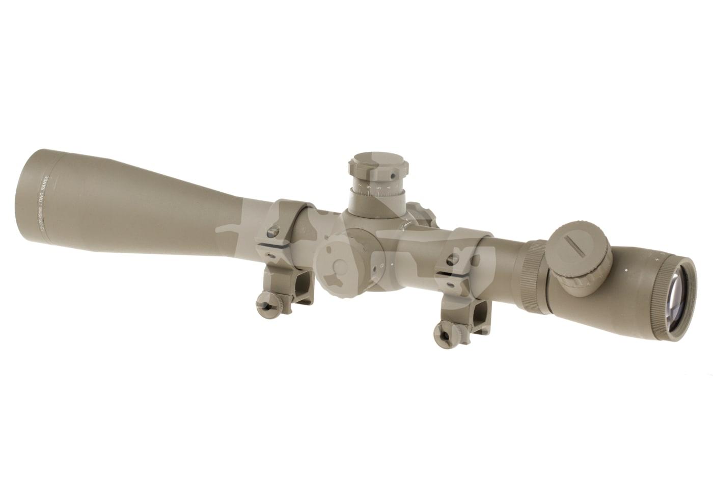 Airsoft-Zielfernrohr, tan, mit Verstellknöpfen und Befestigung. Ideal für präzises Zielen.