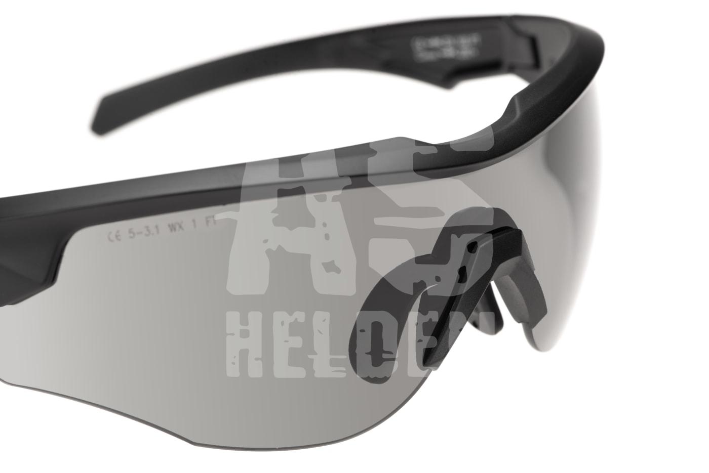 Schutzbrille mit grauen Gläsern und schwarzem Rahmen, geeignet für Airsoft.