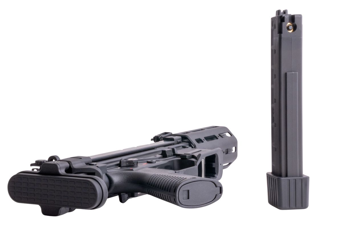 Archwick B&T APC9-K SD2 S GBB - ab 18 Jahren Airsoft-Granatwerfer in Schwarz mit Magazin, seitlicher Ansicht auf weißen Hintergrund.