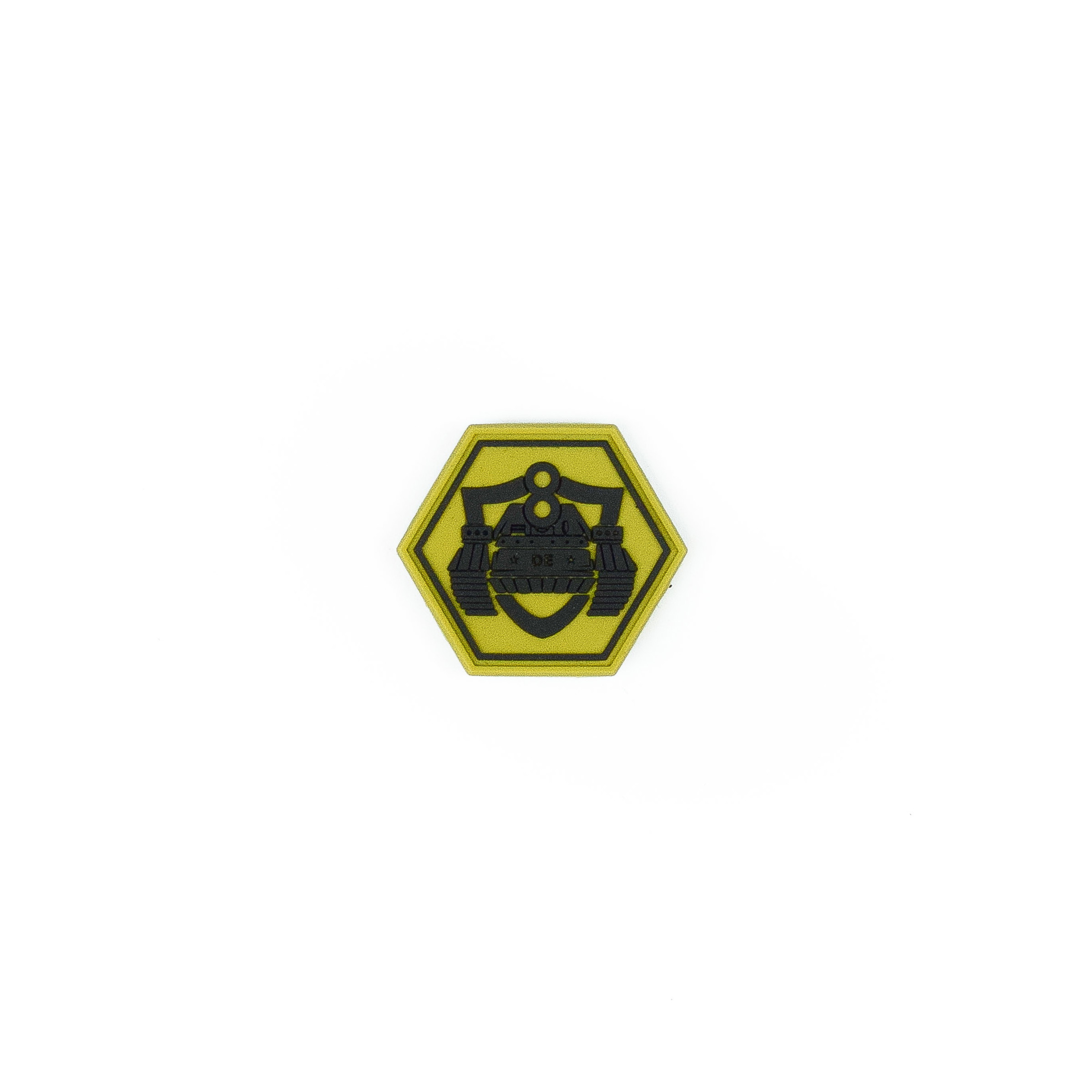 Sechseckiger Airsoft-Patch in Gelb mit schwarzem Panzer-Motiv.