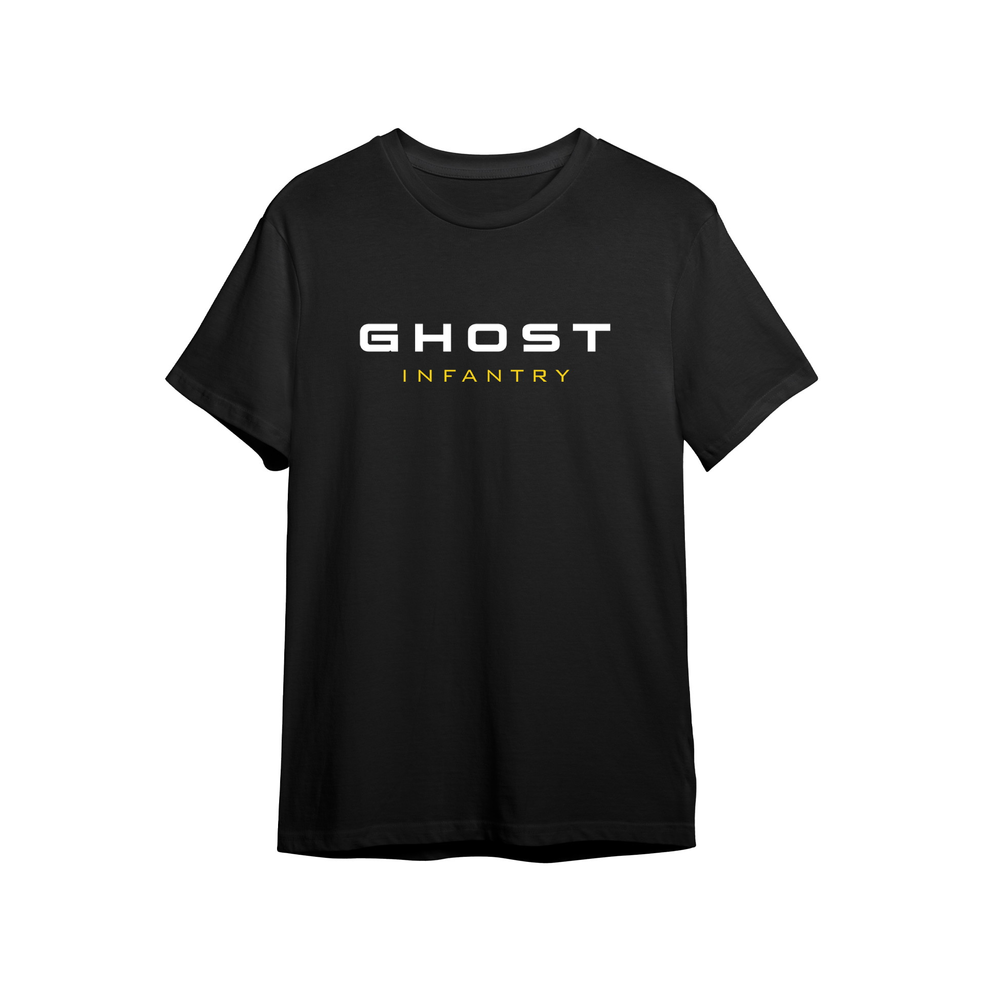 Schwarzes T-Shirt mit weißem "GHOST" und gelbem "INFANTRY" Schriftzug, Airsoft-Design.