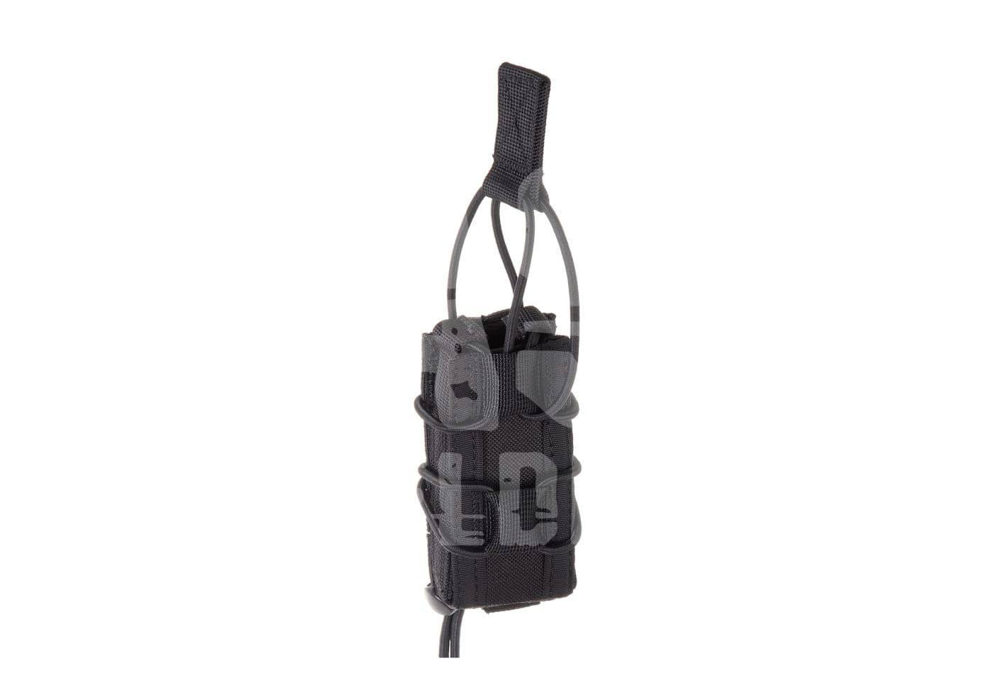 Schwarzer, taktischer Airsoft-Magazintasche mit elastischen Bändern und Befestigungsschlaufe.