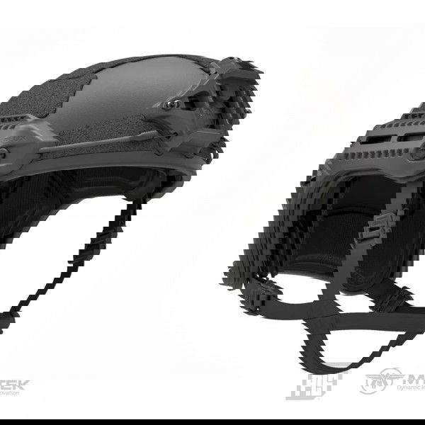 Schwarzer taktischer Airsoft-Helm mit Schienen und Belüftung, seitliches Profil.