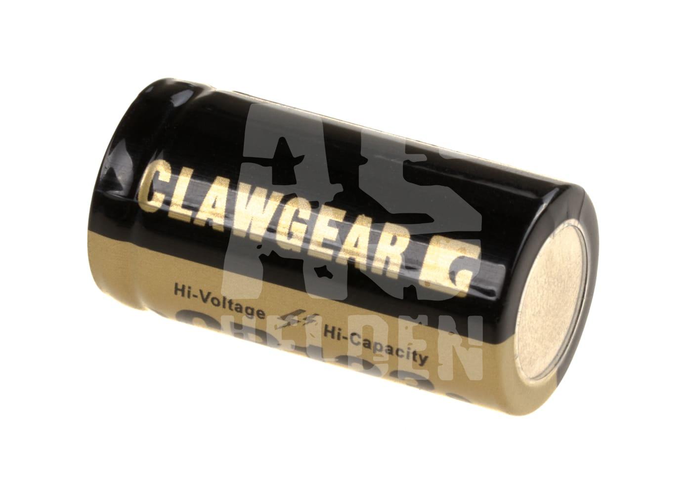 CR123 Lithium 3V Airsoft Clawgear Li-Ion-Akku in Schwarz und Gold, Hi-Voltage, Hi-Capacity, zylindrische Form.
