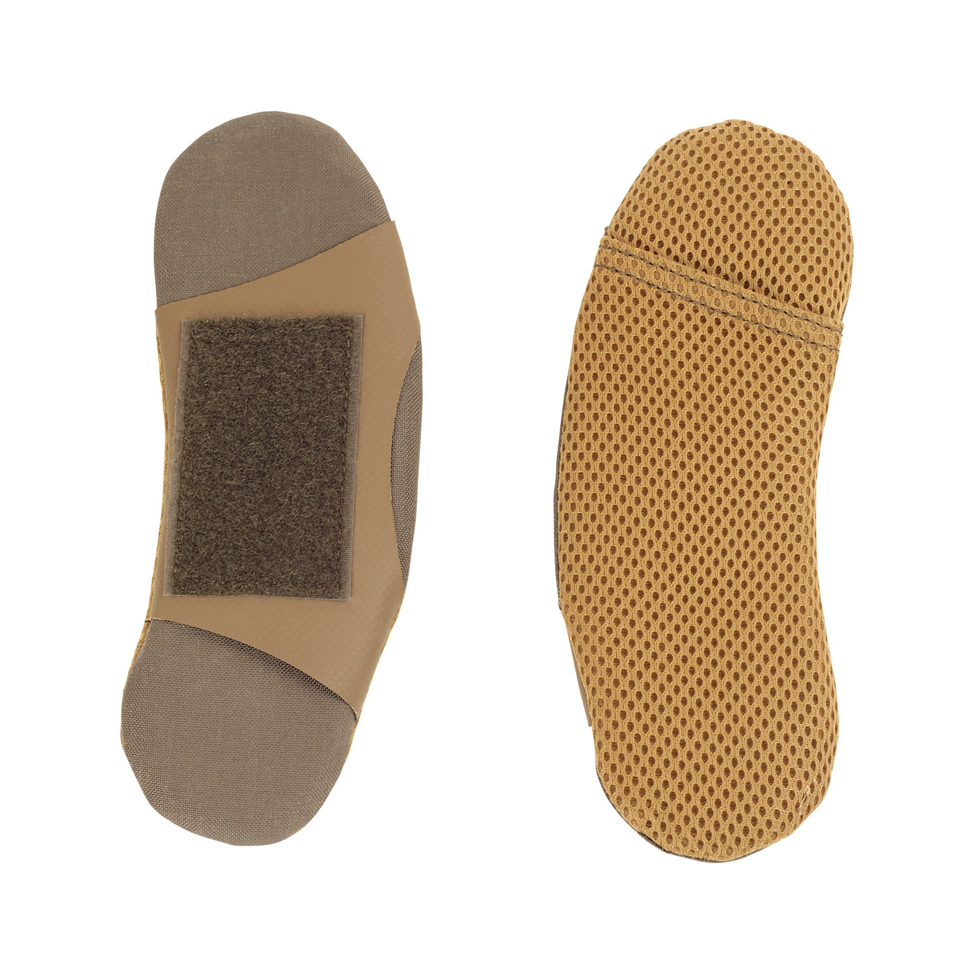 Lindnerhof Polster Schulter HL105 Zwei taktische Knieschoner, einer mit Klettfläche und der andere mit Mesh-Oberfläche, in Coyote Tan.