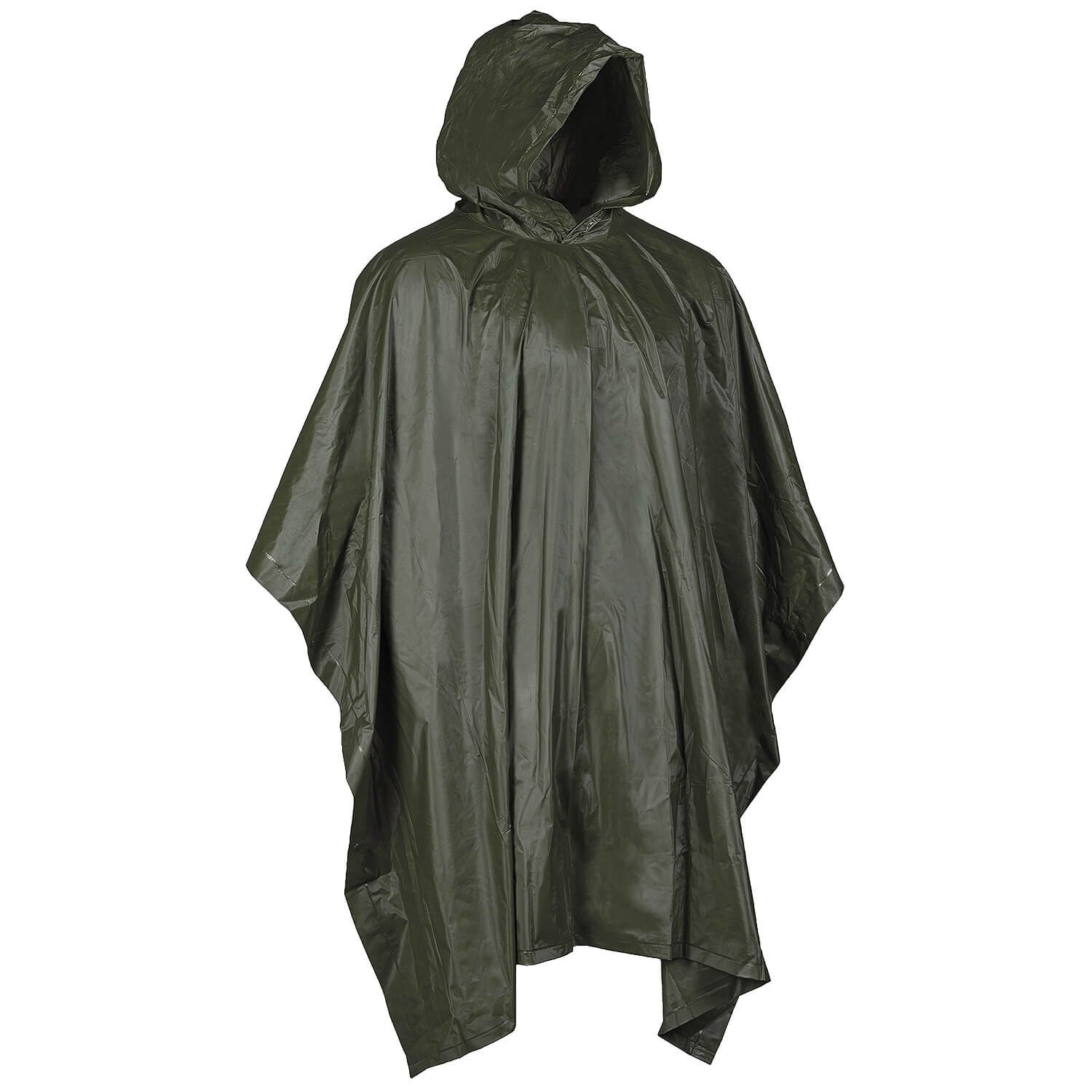 Olivgrüner Regenponcho mit Kapuze für Airsoft und Outdoor-Aktivitäten.