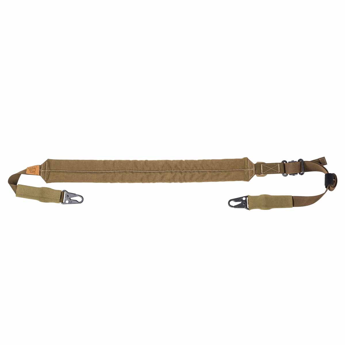 Taktischer brauner Gewehrriemen mit verstellbaren Schnallen und Clips für Airsoft-Waffen.