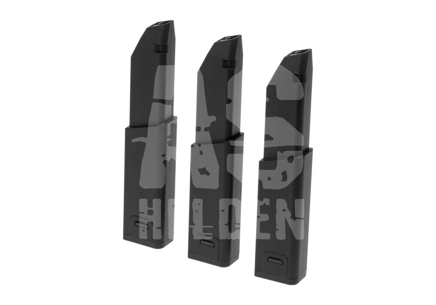 Drei schwarze Airsoft-Magazine nebeneinander auf weißem Hintergrund.