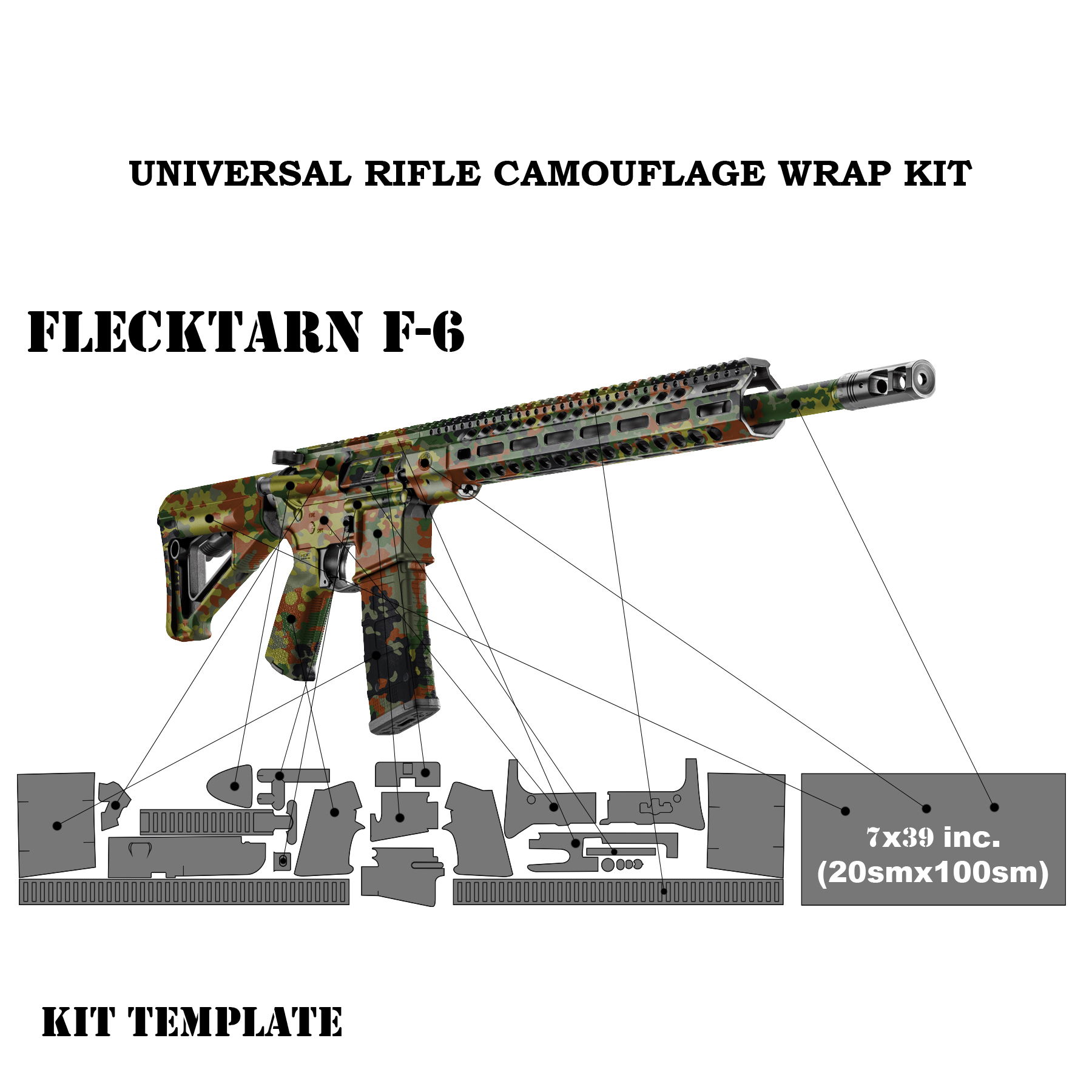 Flecktarn F-6 Tarnmuster für Gewehr, Universal Camouflage Wrap Kit, Schablonenformate abgebildet.