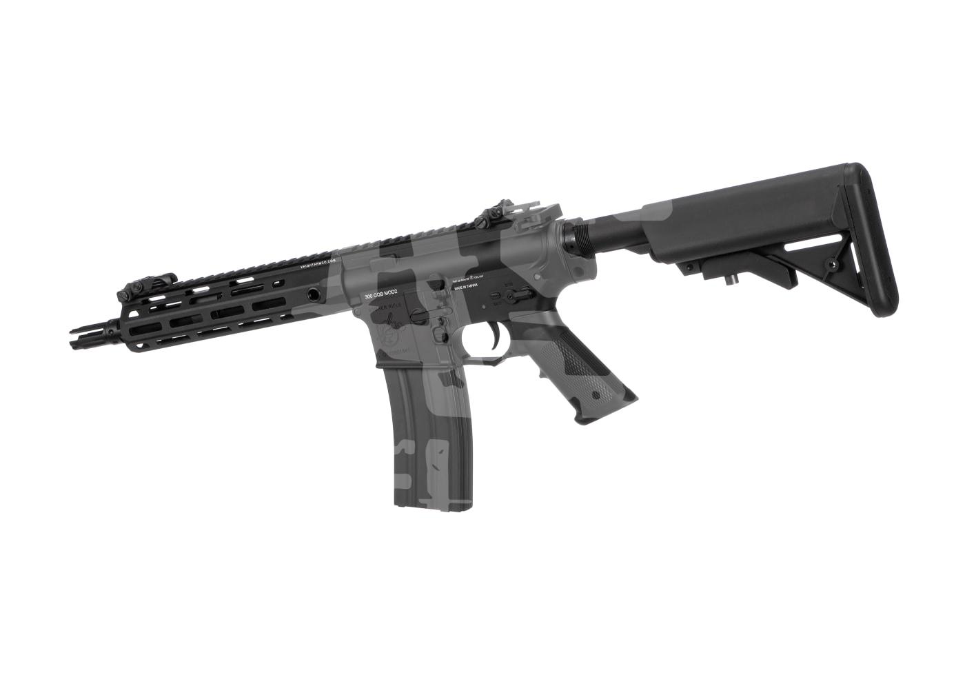 Airsoftgewehr mit verstellbarem Schaft und taktischer Schiene, seitliche Ansicht.