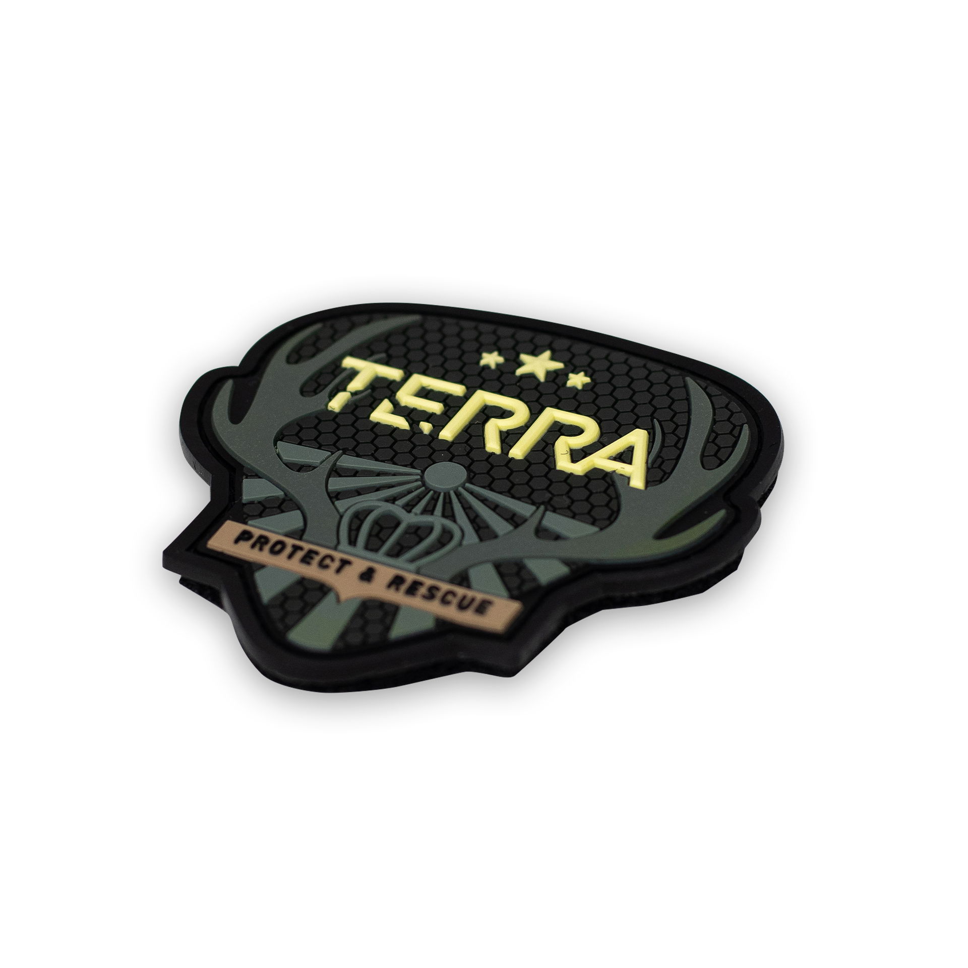 Airsoft-Patch "Terra" mit Hirschgeweih-Design und Schriftzug "Protect & Rescue" auf schwarzem Hintergrund.