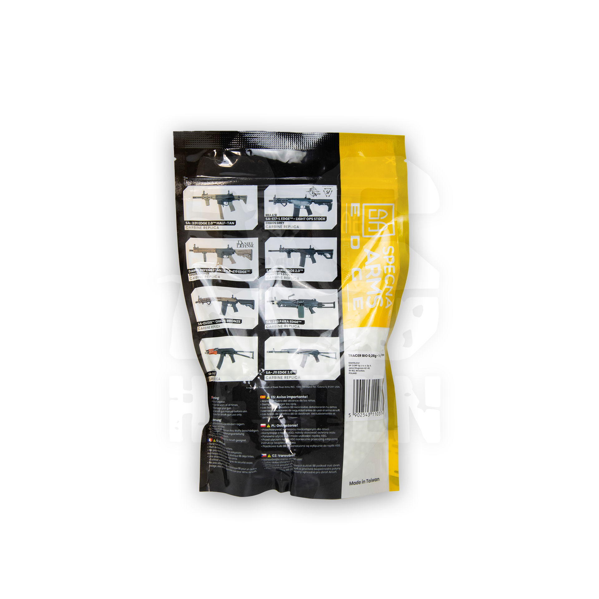 Specna Arms Edge Ultra Bio Tracer BBs 0.28g - 1kg Verpackung von Airsoft BBs, mit Bildern von Airsoft-Waffen und Produktinformationen.