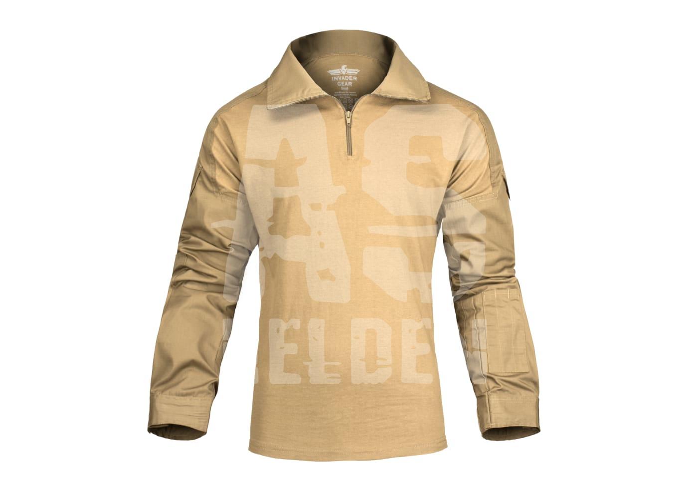 Taktisches Longsleeve-Hemd, sandfarben, leichtes Material, mit Reißverschluss und Schultertaschen. Ideal für Airsoft.